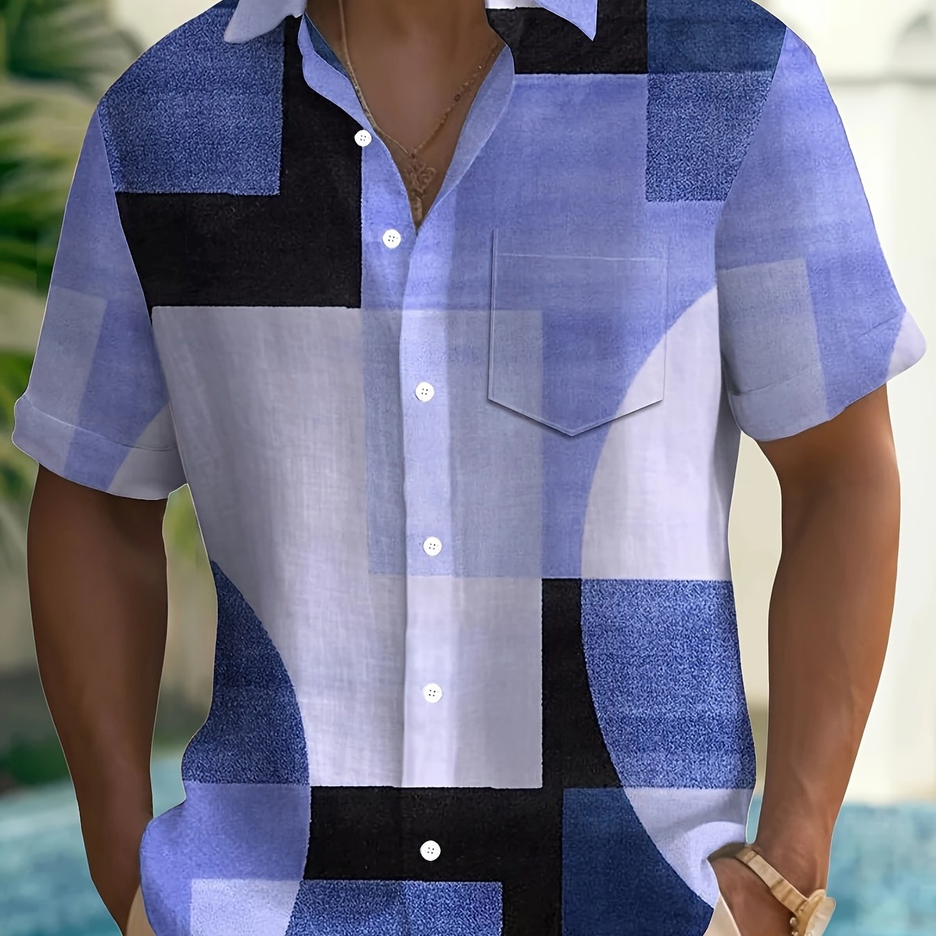 TEMU Men's Vintage Geometric 3d -block Button Front Pocket Short-sleeve Shirt, Summer Fit , Blue//gray, Vintage Style, Adult Apparel, Runs Small, Buying Up