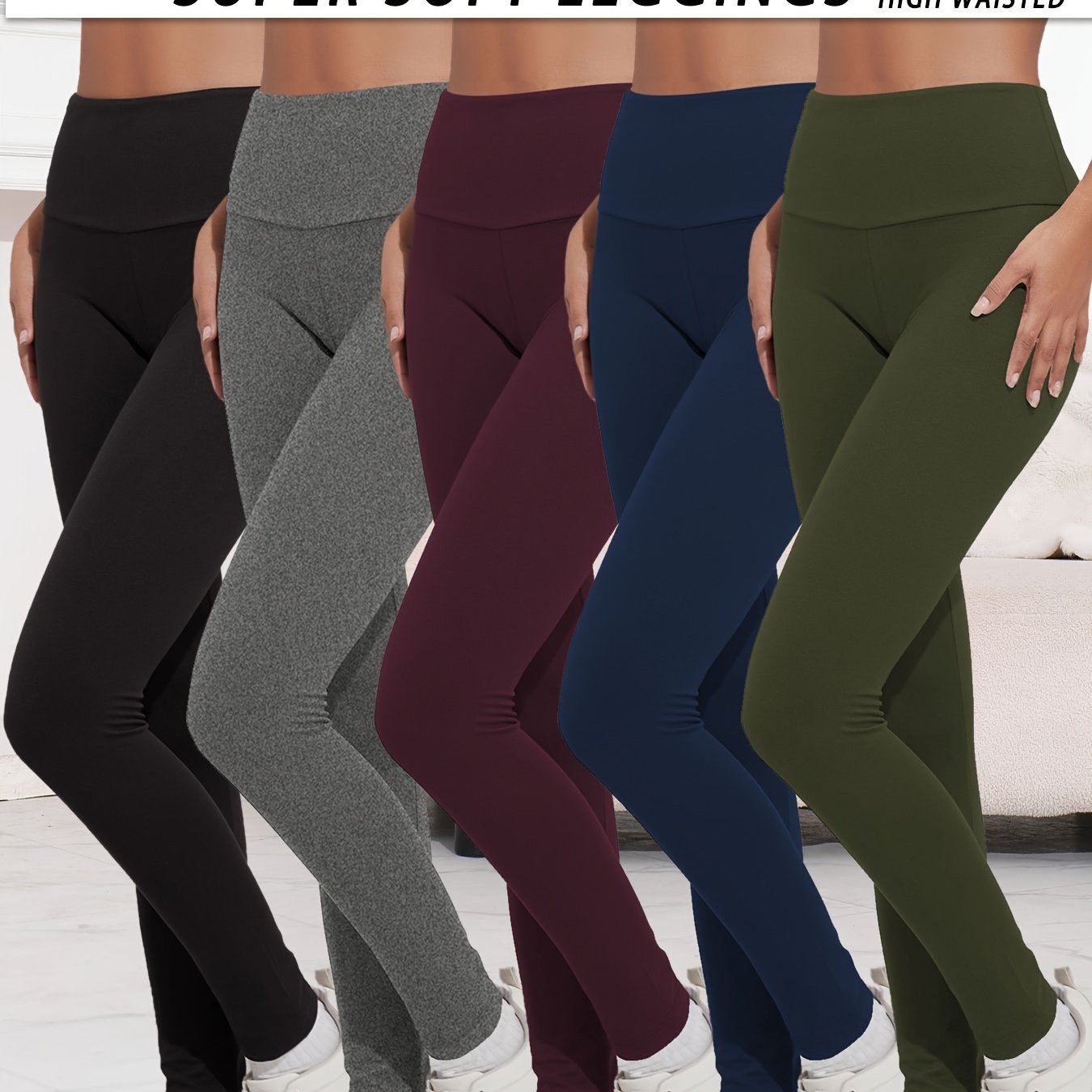 TEMU 5 Pack Women's High Waisted Tummy Control Workout Leggings - Full Coverage Non-see-through Yoga Running Pants, Opaque Tummy Control Athletic