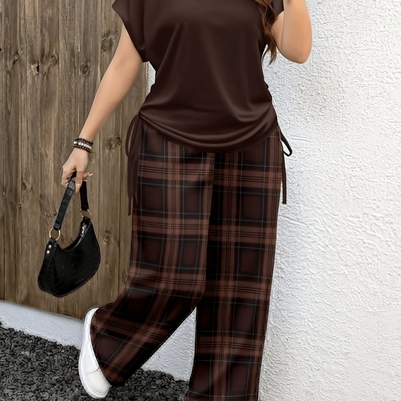 TEMU Plus Size - Casual Solid Checkered Pattern Contrast Size 2pcs Set, Suitable For , Spring/summer/vacation