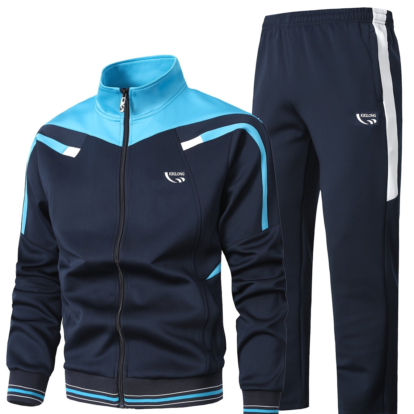 E-shop Herren Sportanzug mit Stehkragen, Farbblock-Design mit Reißverschluss, lässiger Jacke und langen Hosen. Inklusive gesticktem Logo und geeignet