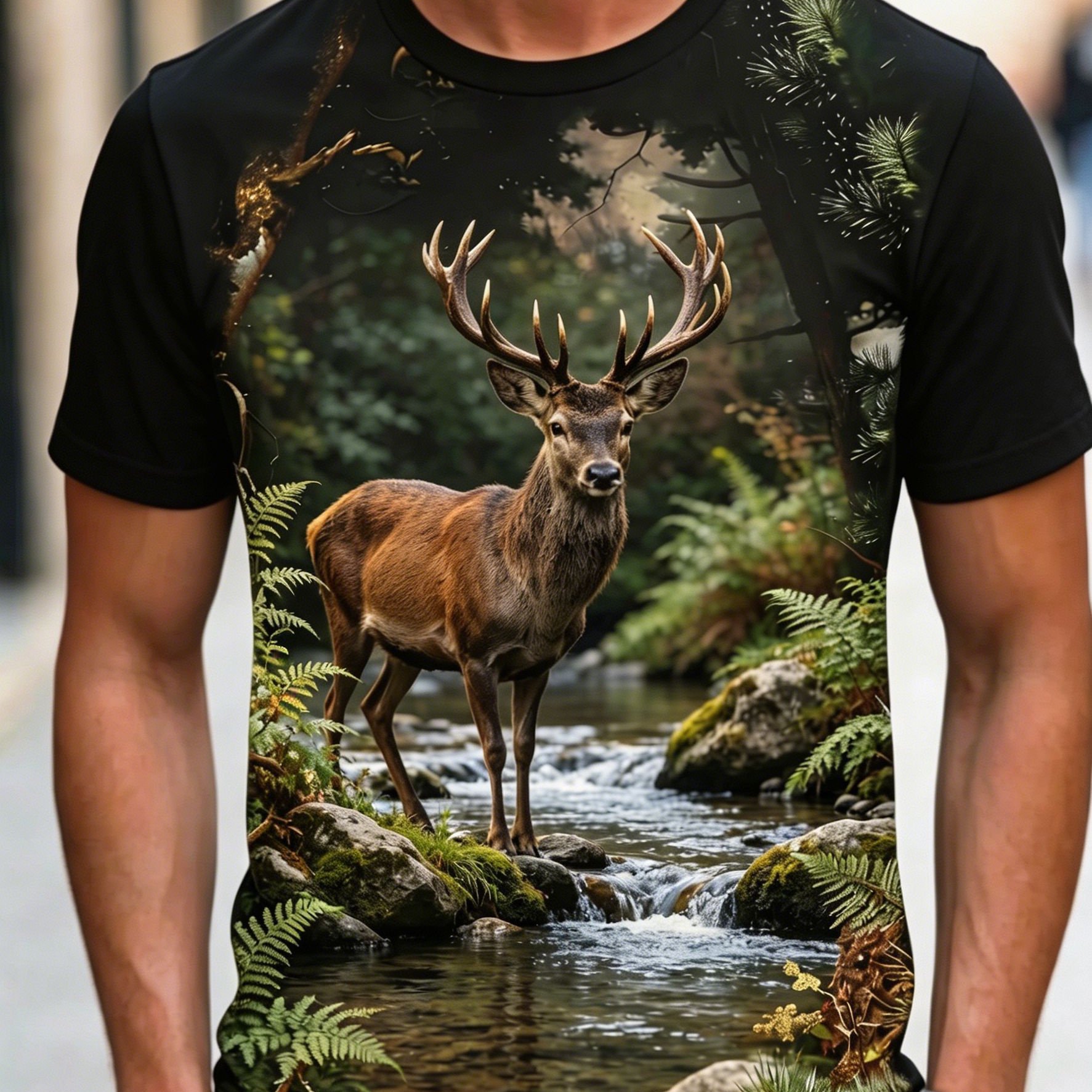 TEMU [printed Design â Not Textured]realistic Forest Moose Plus Size Men's Short Sleeve T-shirt, Plus Size Loose Fit Round Neck Casual Summer