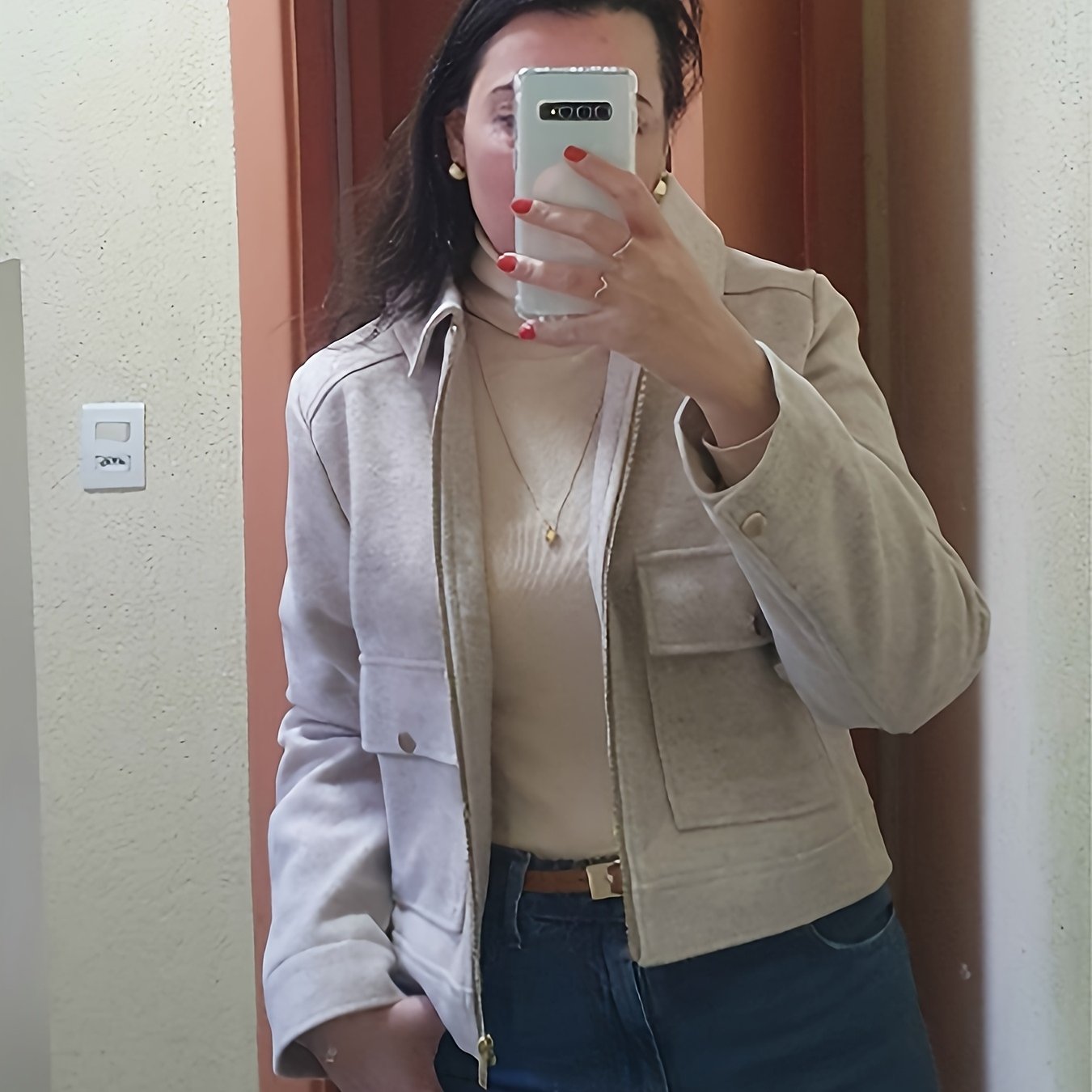 TEMU Women's Retro H-line Short Jacket - Beltless Zipper Blazer With Pocket, Long Sleeve H-fit Outerwear Suitable For Spring Summer Fall, Solid Color
