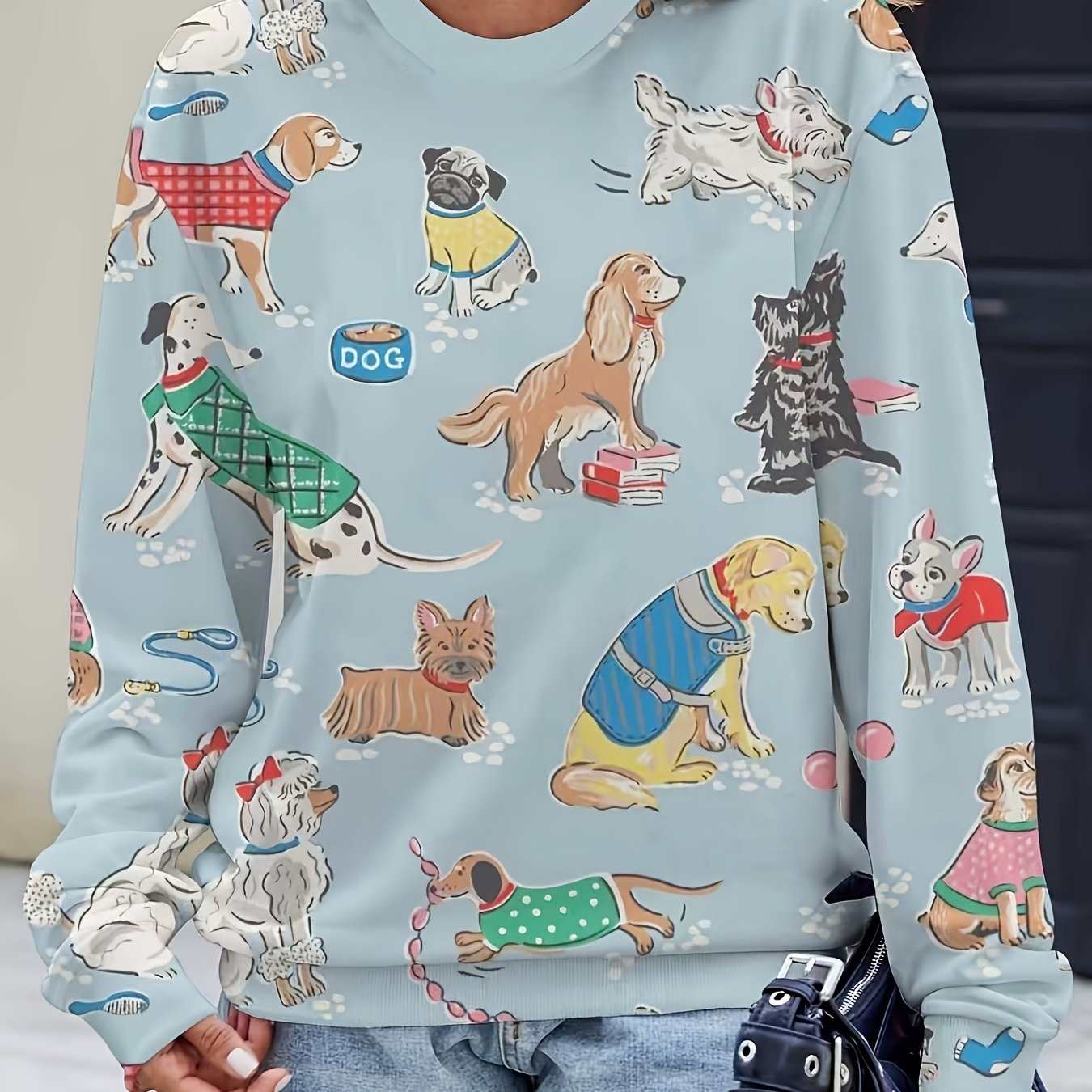 TEMU Plus Size - Plus Size - Plus Size Women's Dog Pattern Print Round Neck Sweatshirt, Casual Outfit And '