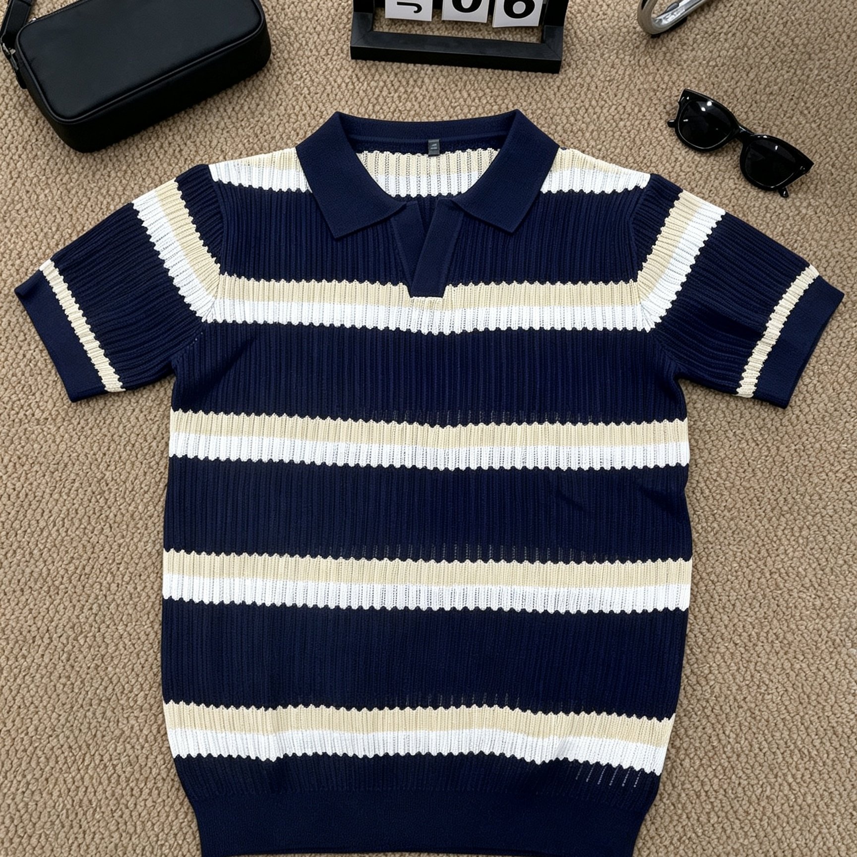 TEMU Multi-tone Horizontal Stripe Ribbed Knit Collared Tee For Men, Open Neck Short Sleeve Slim Top, Wrinkle-resistant Skin- For Social Occasions