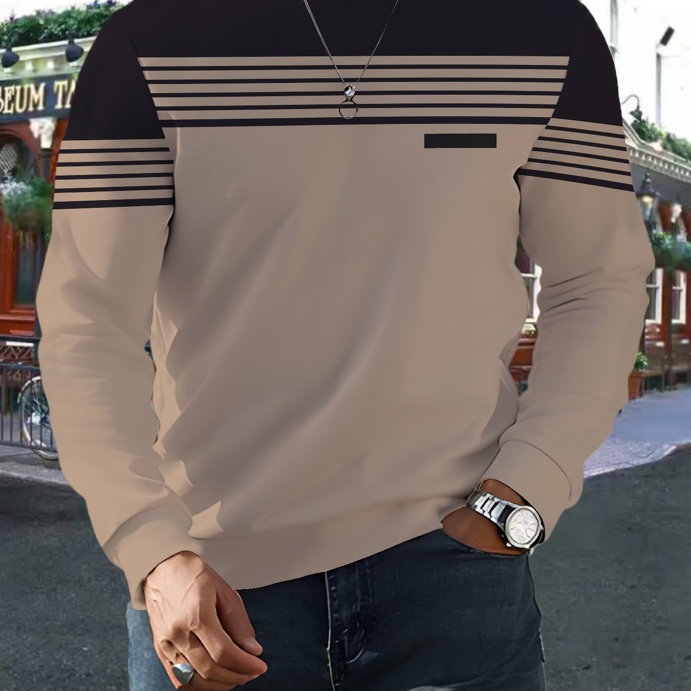 TEMU Plus-size Men's Casual Crew Neck Sweatshirts Suitable For Office, Home, And Outdoor Casual Wear, Plus Size