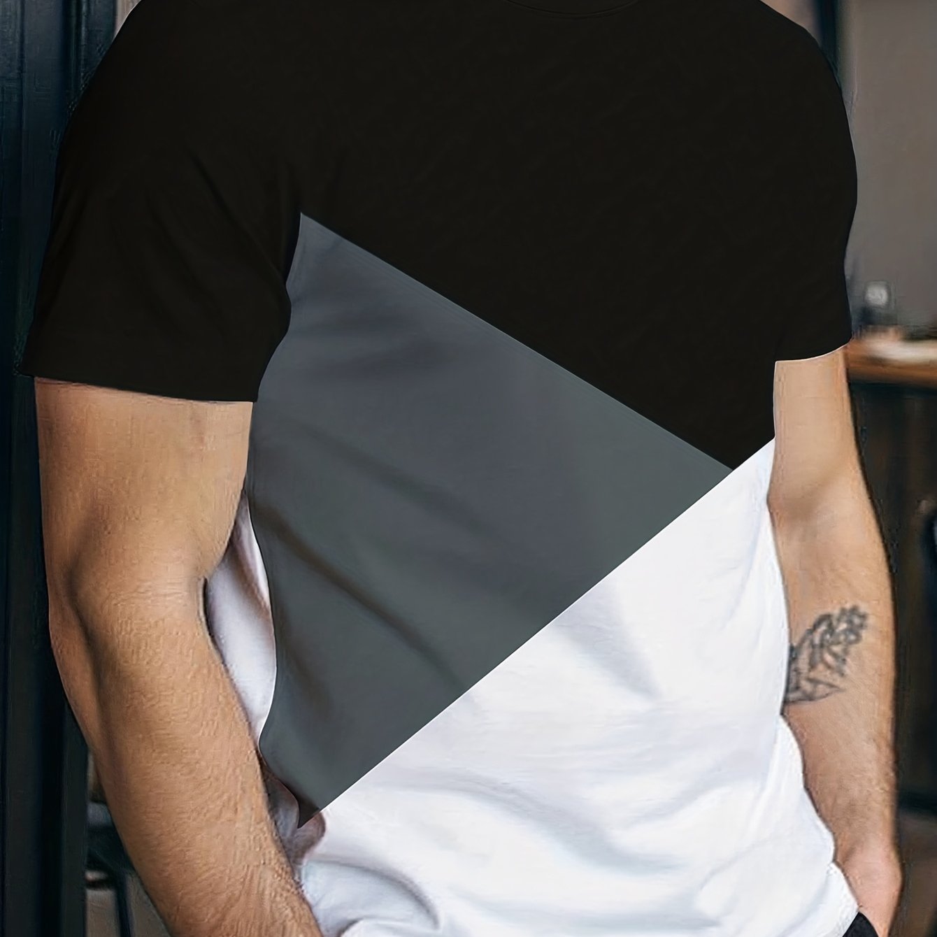 TEMU [printed Design â Not Textured] Classic Three-color Block Men's Crewneck T-shirt, Regular Fit Crewneck Short Sleeve, Breathable Color--, Adult