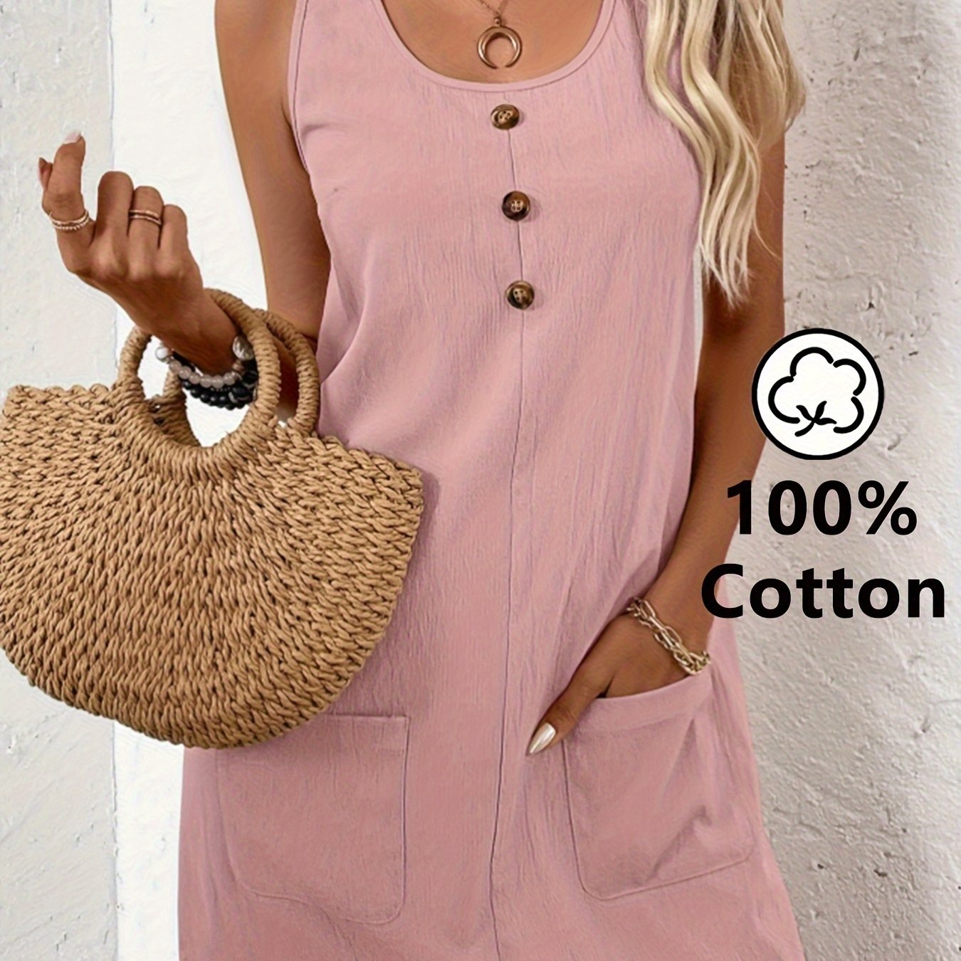 Women' Color Patch Pocket Button Detail Round Neck Casual Sleeveless Dress, Comfortable Double Pocket