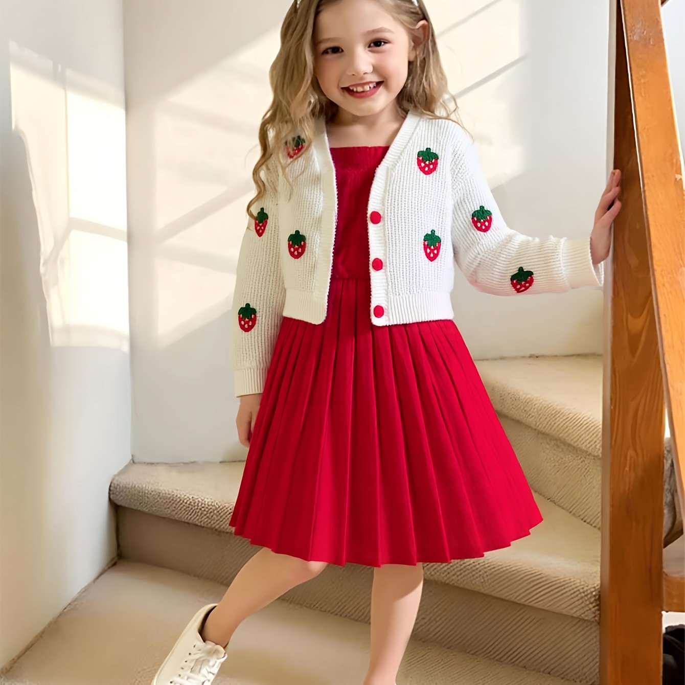 Image of Young Girl Button-front Cardigan Top Strawberry Pleated Sleeveless Vest Dress Round Neck Autumn Winter Two-piece Set Cute Versatile Dress Birthday Party Princess Dress