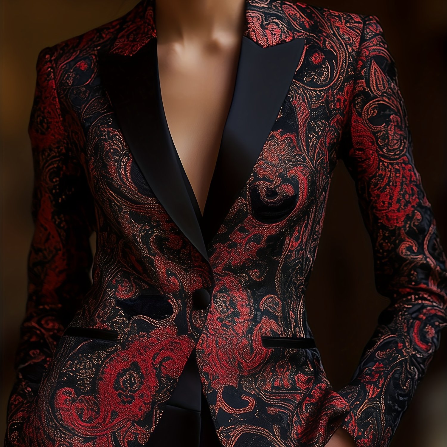 E-shop Angeborene elegante Damenanzugjacke mit satiniertem Paisley-Muster und Patchwork-Druck