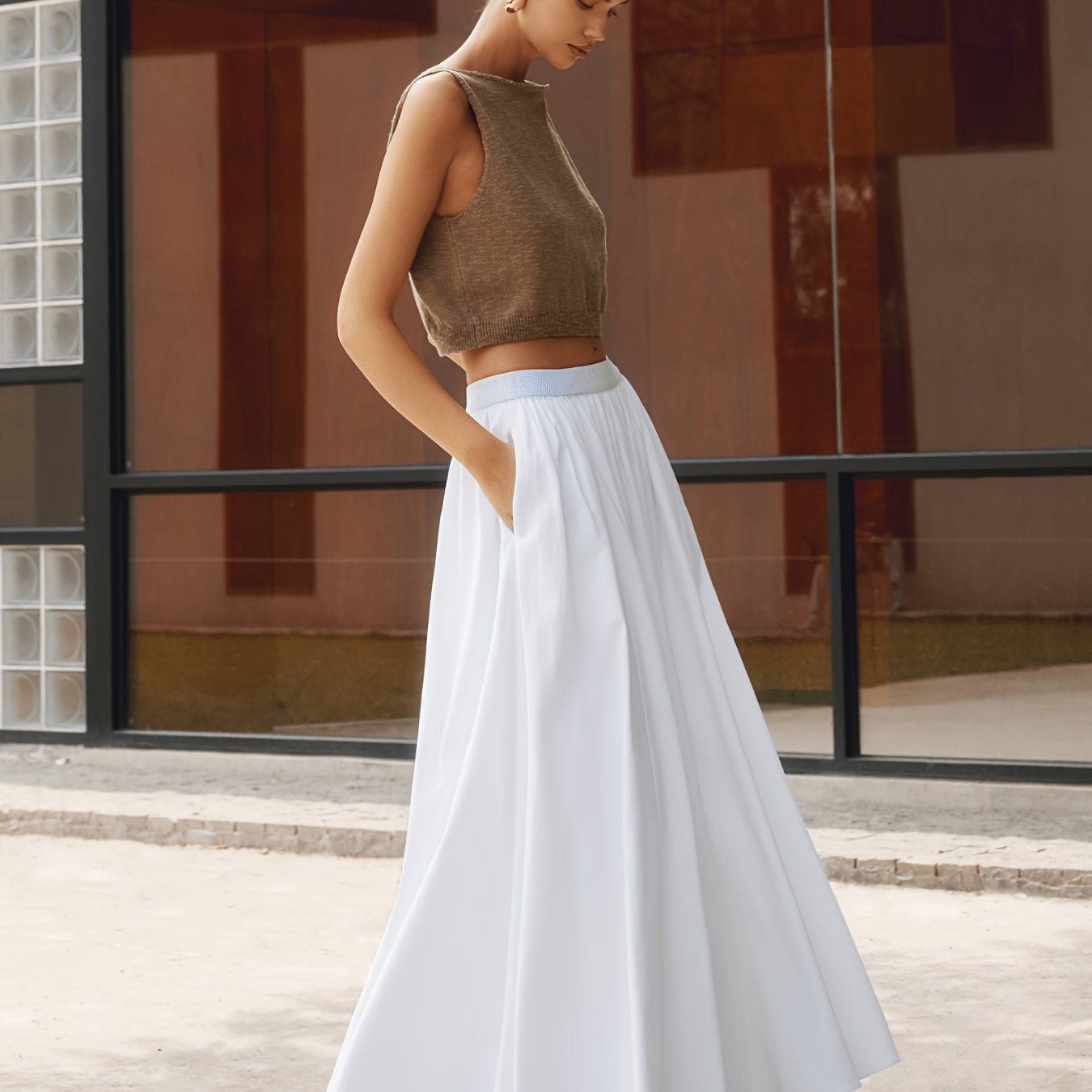 TEMU Women' Color Skirt, Daily And Leisure, , With Pockets, Elastic Waist, Daily Skirt