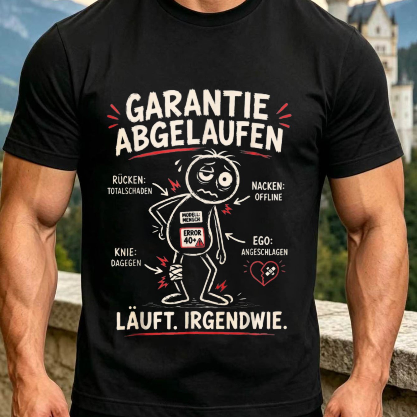 Image of Graphic With Worn And German Warranty Expired Runs Body Error Joke Tee Unisex T-shirt