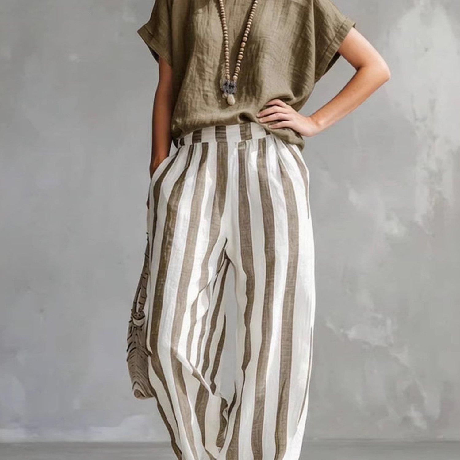 Image of American Luxury High-end Women's Boutique Striped Wide Leg Pants 2pcs Set For Women, Loose Crinkle-like Top And Elastic Waist Pants, Lightweight Summer Outfit For Casual, Vacation, And Streetwear
