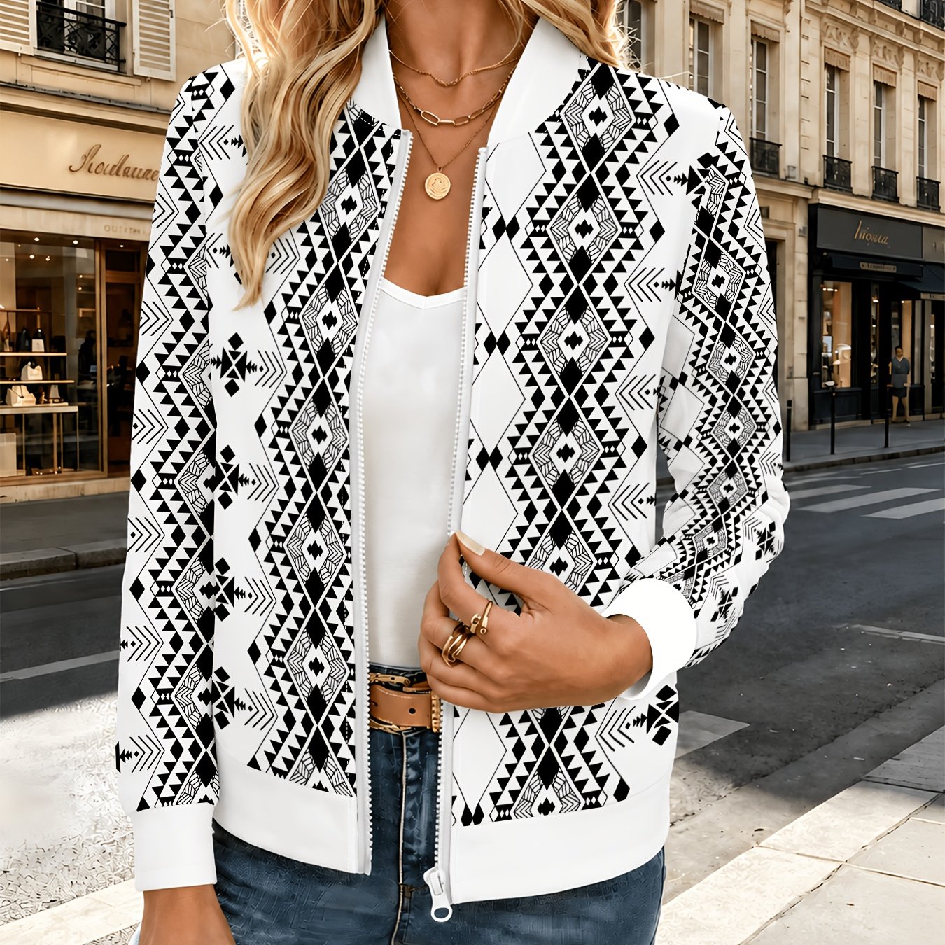 TEMU Women's Zip-up Jacket, Autumn/winter Baseball Collar Outerwear, Casual Cardigan Top For Women, Black And White Ethnic Diamond Pattern, Vintage