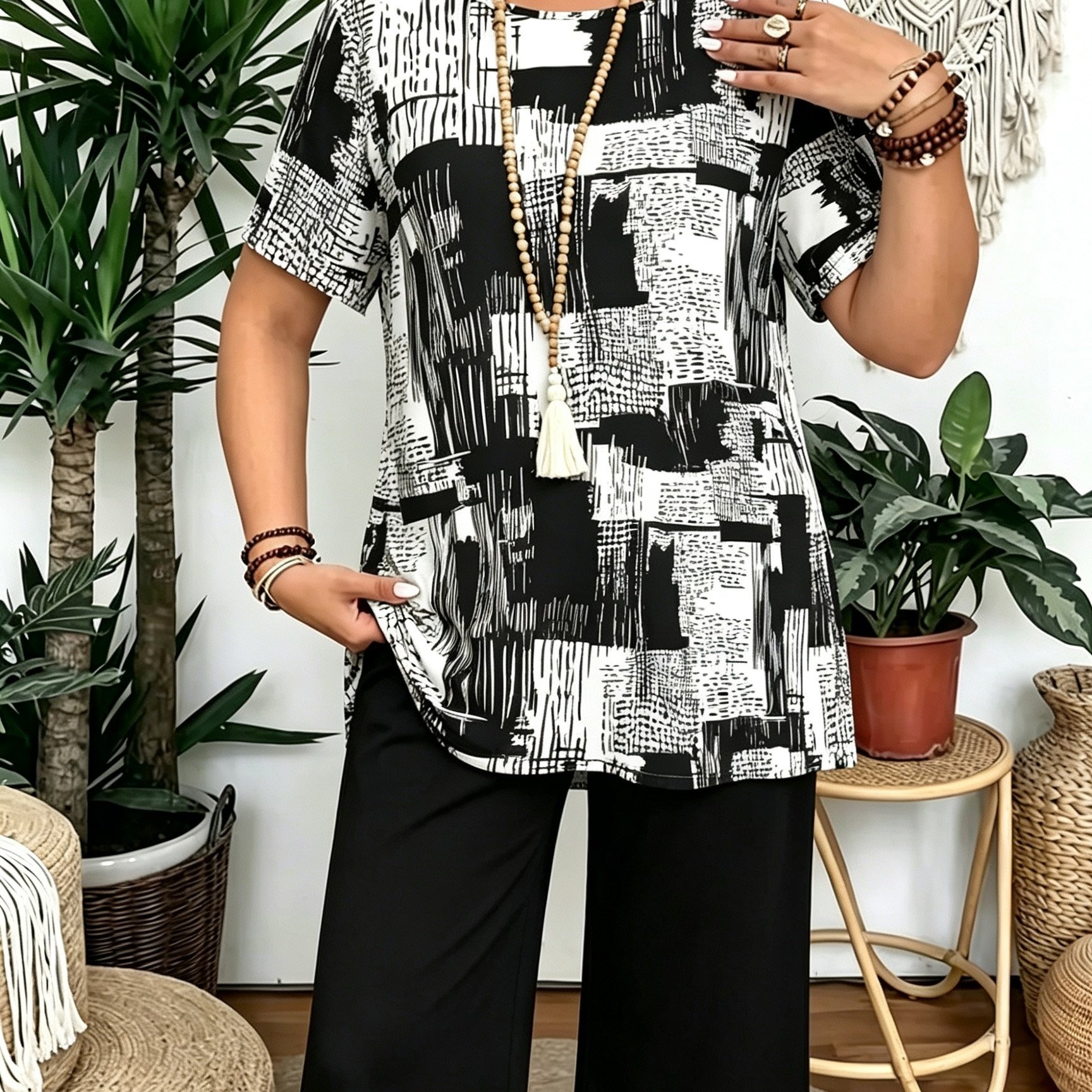 Image of -size Suit For Women Features Geometric Pattern Prints. With A Two-piece 5-inch Pant Set, It An Elegant And Fashionable Design, Making It Suitable For Home Use, Gatherings, And Vacations