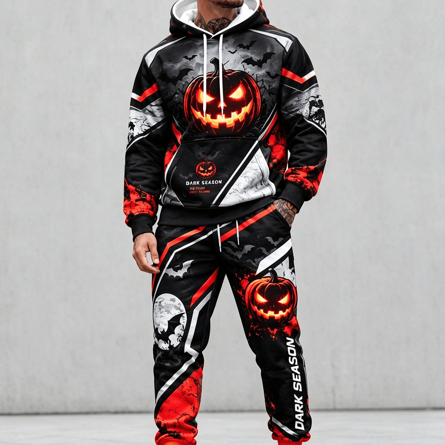 Image of Men's Hoodie Tracksuit 2pcs, Home Loungewear, Halloween Pumpkin Graphic Hooded Sweatshirt And Jogger Pants Set