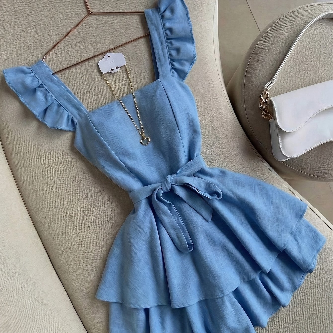TEMU New Summer Neck Women's Dress, Blue, With Belt, Minimalist Style [zllz]