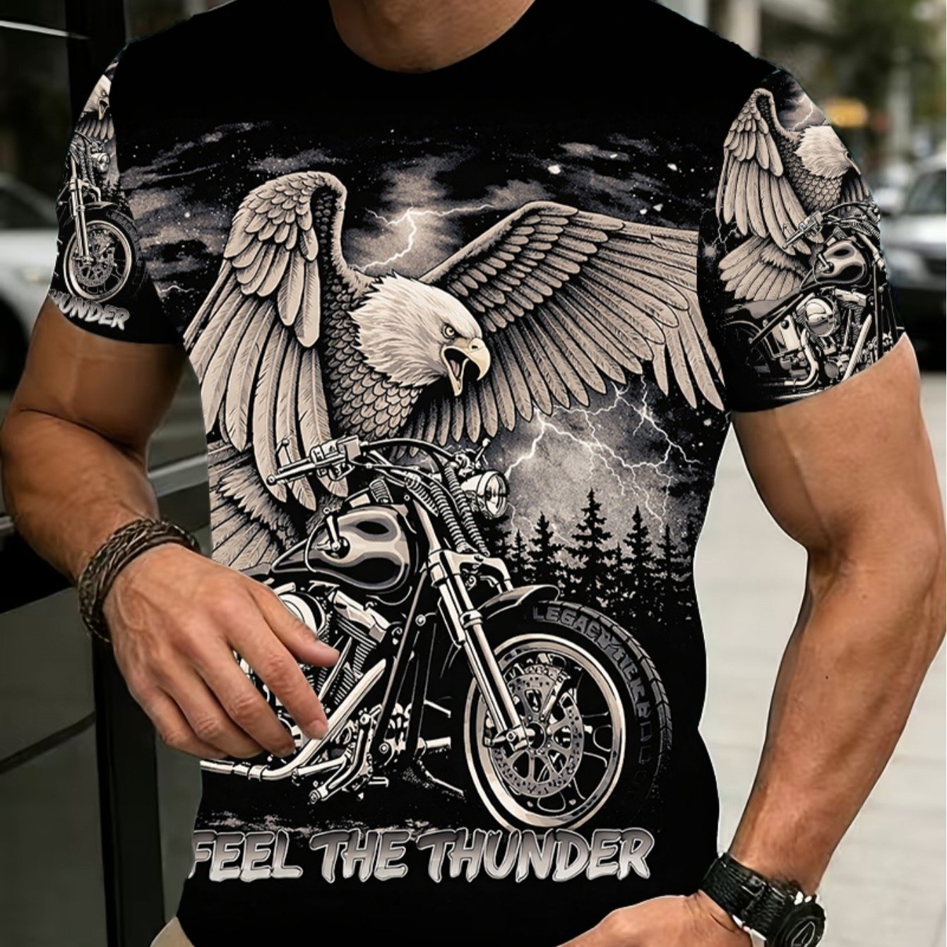 TEMU 2026 Summer 's Eagle And Motorcycle 3d Print T-shirt- Eagle And Motorcycle Pattern, Style Short-sleeve Round-neck Summer Top, In Sizes