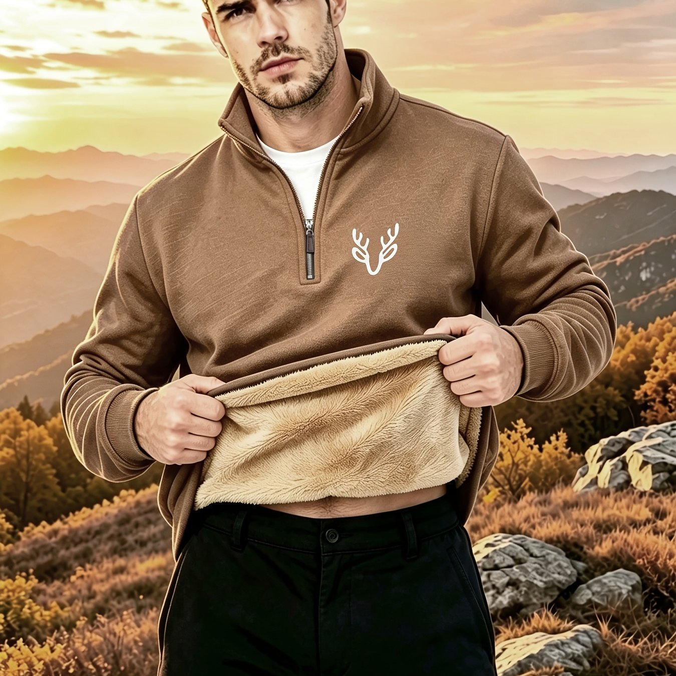 TEMU Men's Half-zip Stand Collar -lined Thickened Sweatshirt, Autumn/winter Vintage Warm Pullover Top, Outdoor Mountaineering And Camping Loose