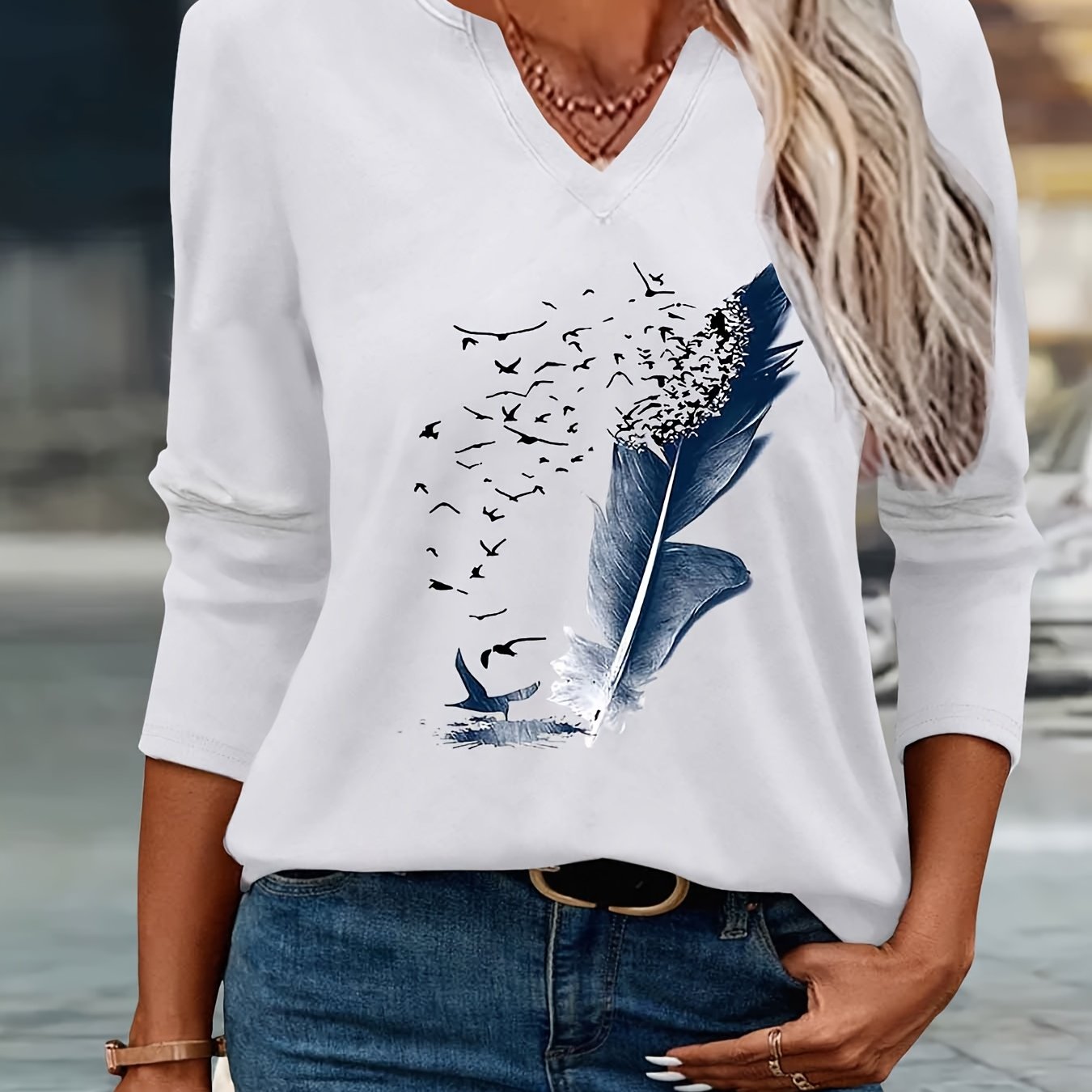 E-shop 2025 Neuer Stil, Bedrucktes Frühlings- und Sommer-Mode-Easy-Frauen-Freizeit V-Ausschnitt Sieben-Viertel-Arm T-Shirt