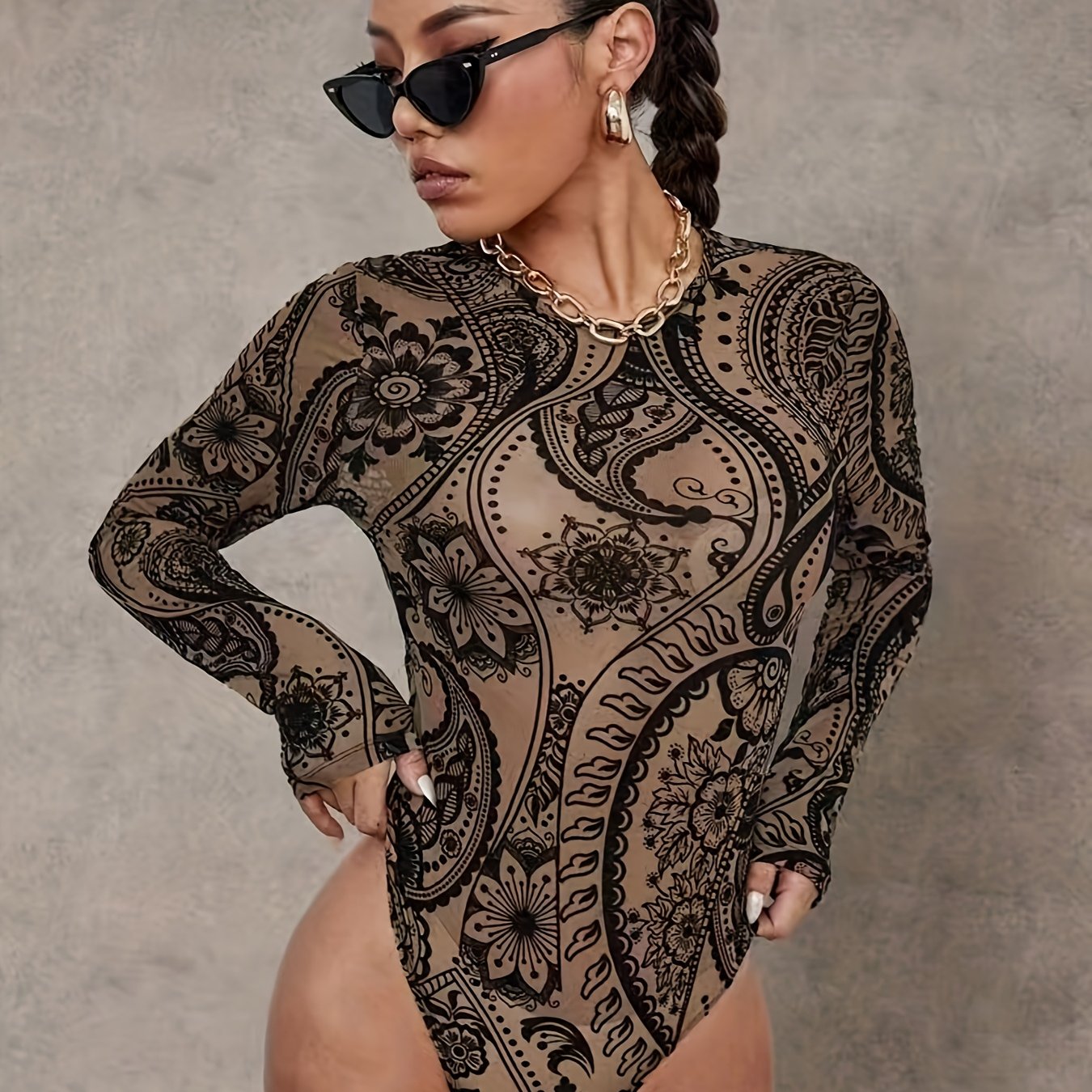 Women's Sexy Mesh Paisley Print Long Sleeve Bodysuit - Semi-sheer Stretchy Slim Fit Round Neck Top For Spring/summer, Machine Washable, Summer Fashion, Romantic Attire, Elegant Style, Elegant Fabric
