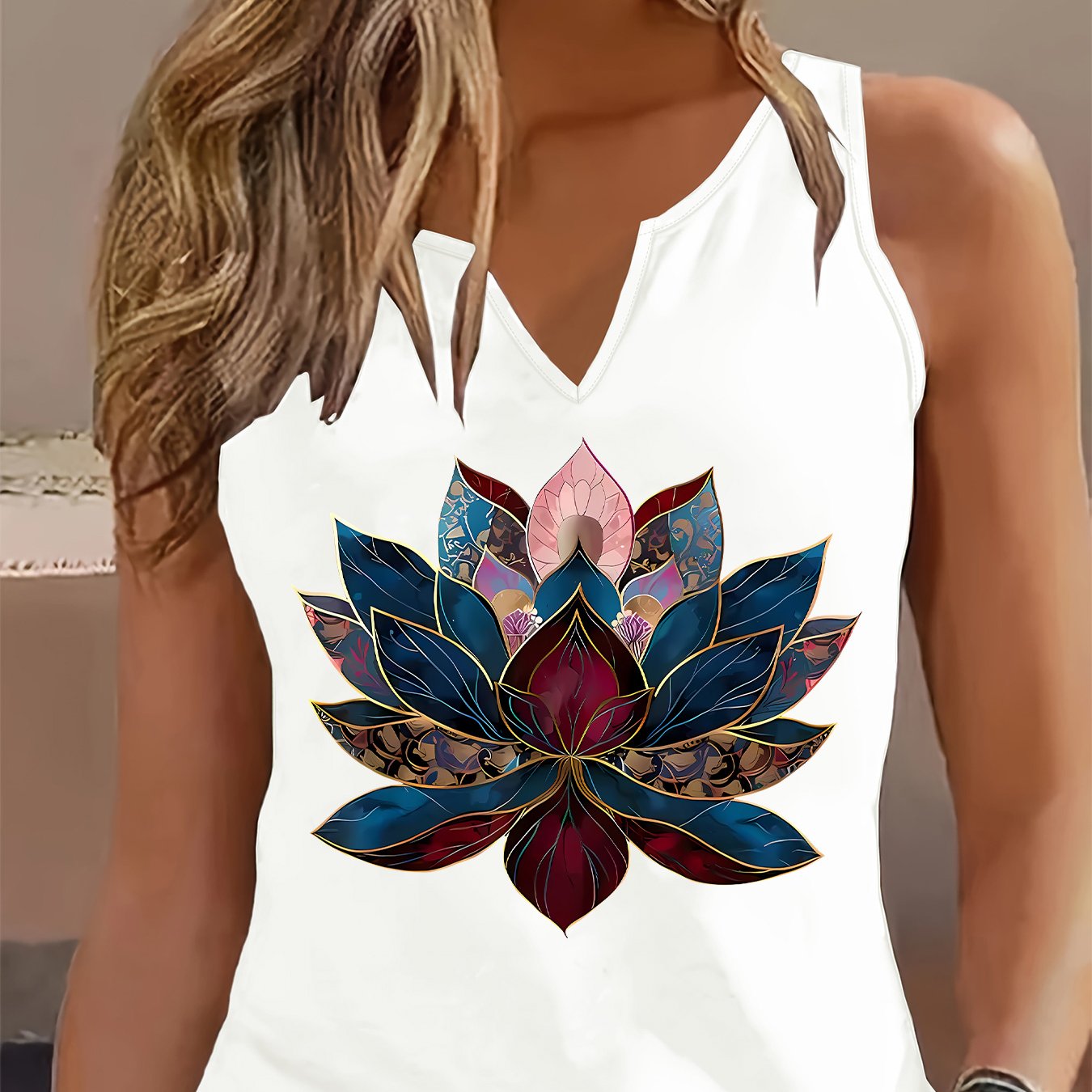 TEMU Blusa sin con cuello en V para mujer - para camiseta holgada transpirable con estampado de , chaleco casual de elasticidad media para usar en