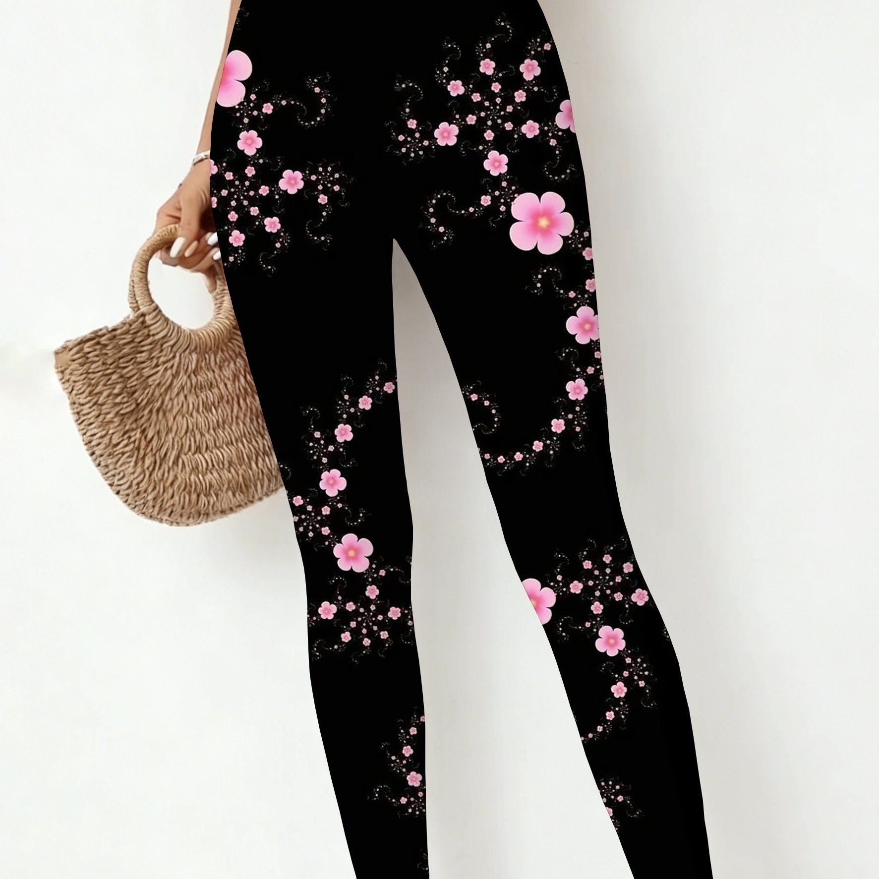 TEMU Plus Size Women's Fashion Casual Leggings - Pink Floral Print, Sweet , Daily Wear, Ideal For Gym Workouts And Yoga Training