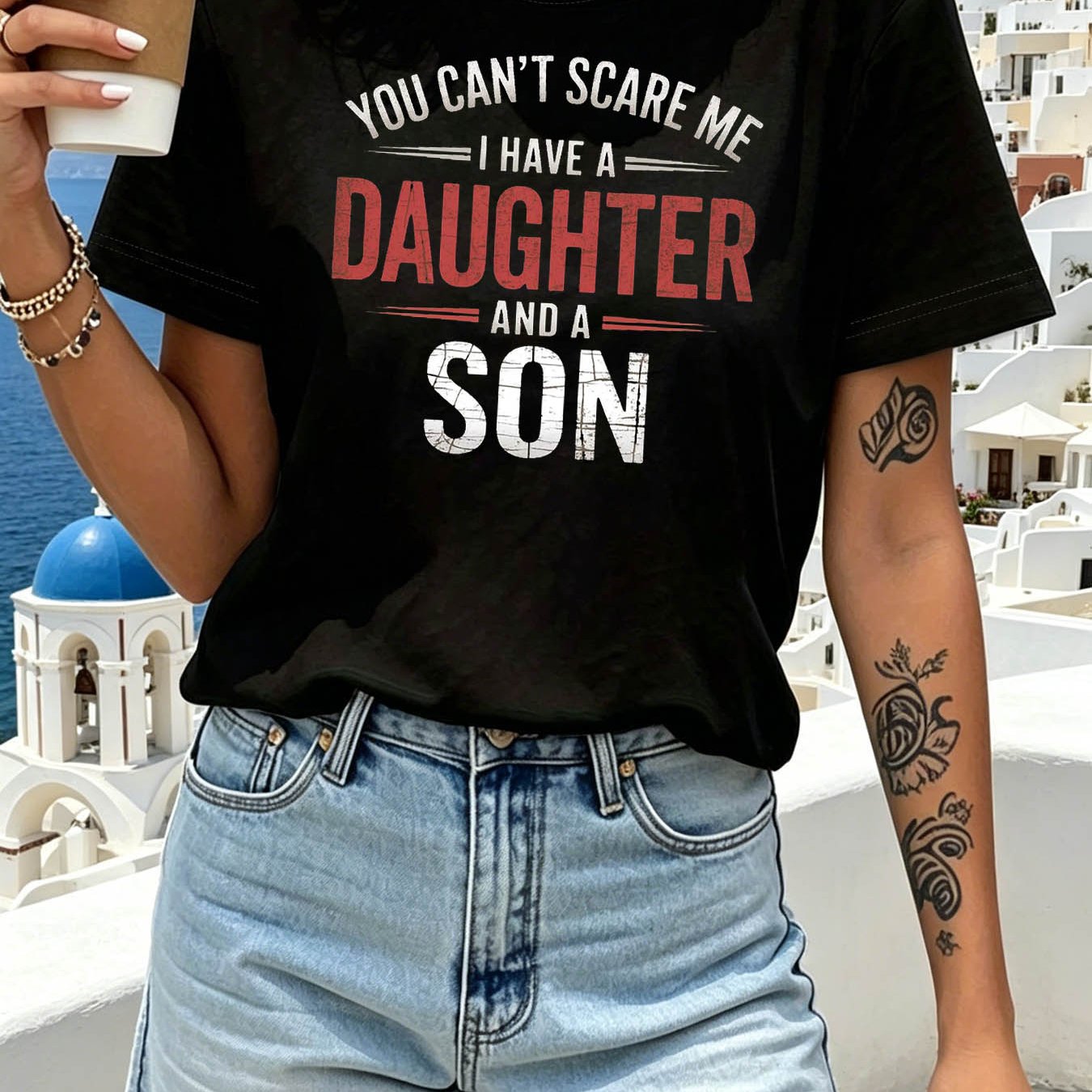 TEMU Women's "you Scare Me I Have A Daughter And A Son" T-shirt - Short Sleeve Crew Neck Casual Top With Slogan Print, Spring/summer Blousewear