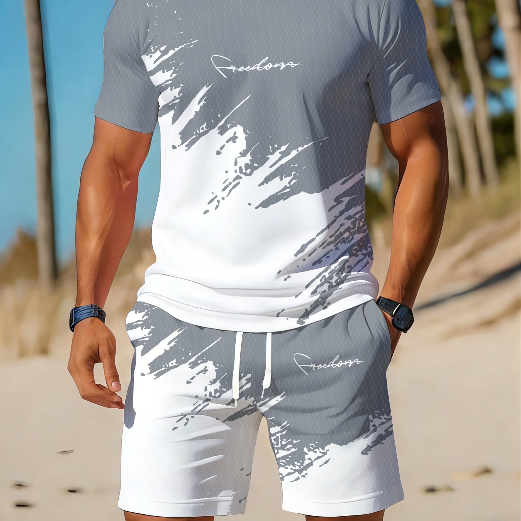 TEMU Men's Summer Casual Sportswear Set Featuring A Breathable Round-neck T-shirt And Shorts With