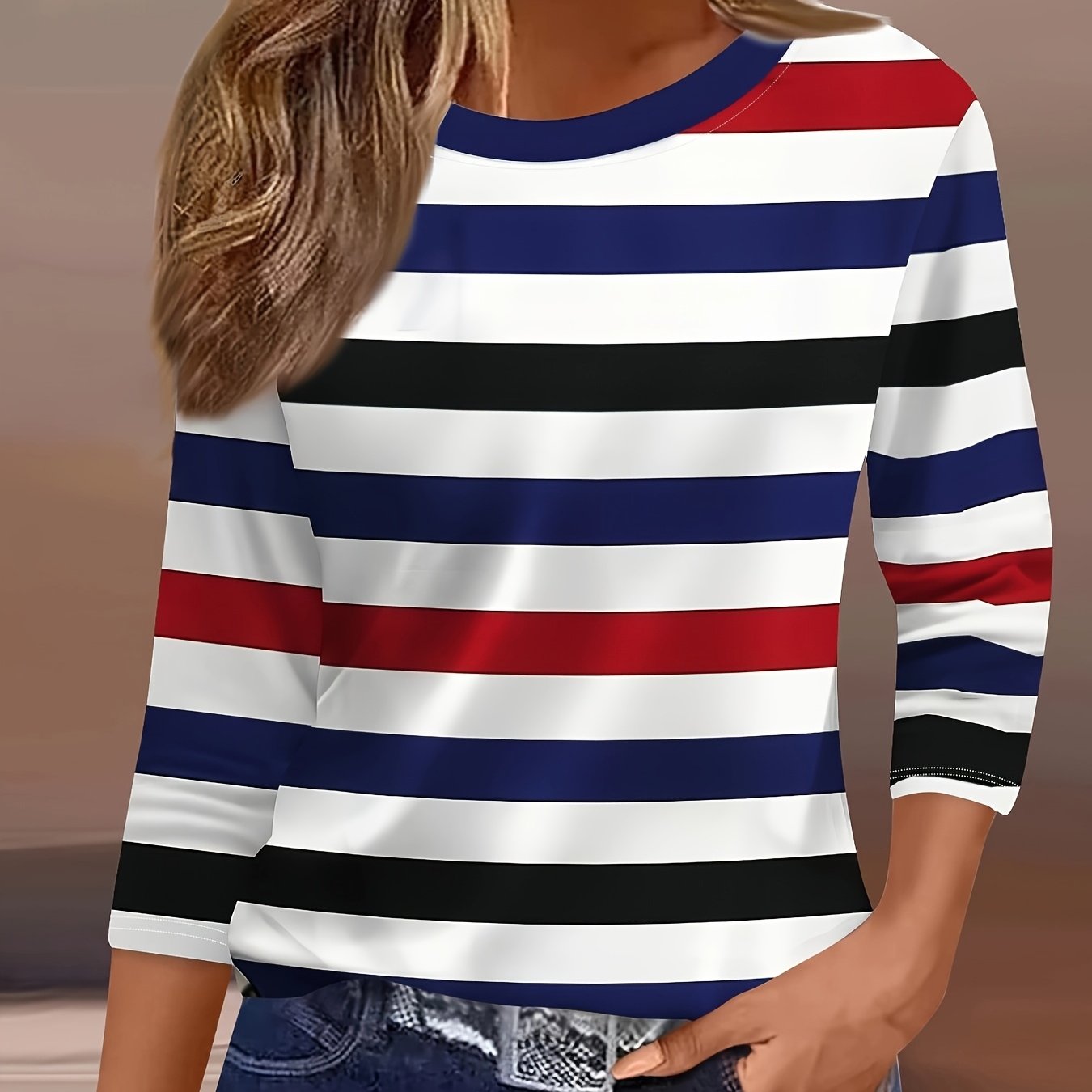 Image of Casual Fashion Holiday Women's Regular Fit Striped Print 3/4 Sleeve Round Neck T-shirt