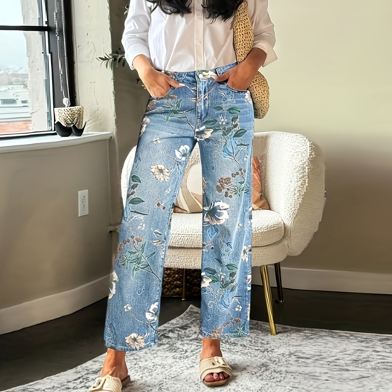 Image of Women's Mid-rise Straight Jeans - Washed Denim Trousers With Floral Print & Beltless, Mid-rise Full-length Pants Suitable For , Machine Washable Casual Elegant Denim For To Weekend Outfits