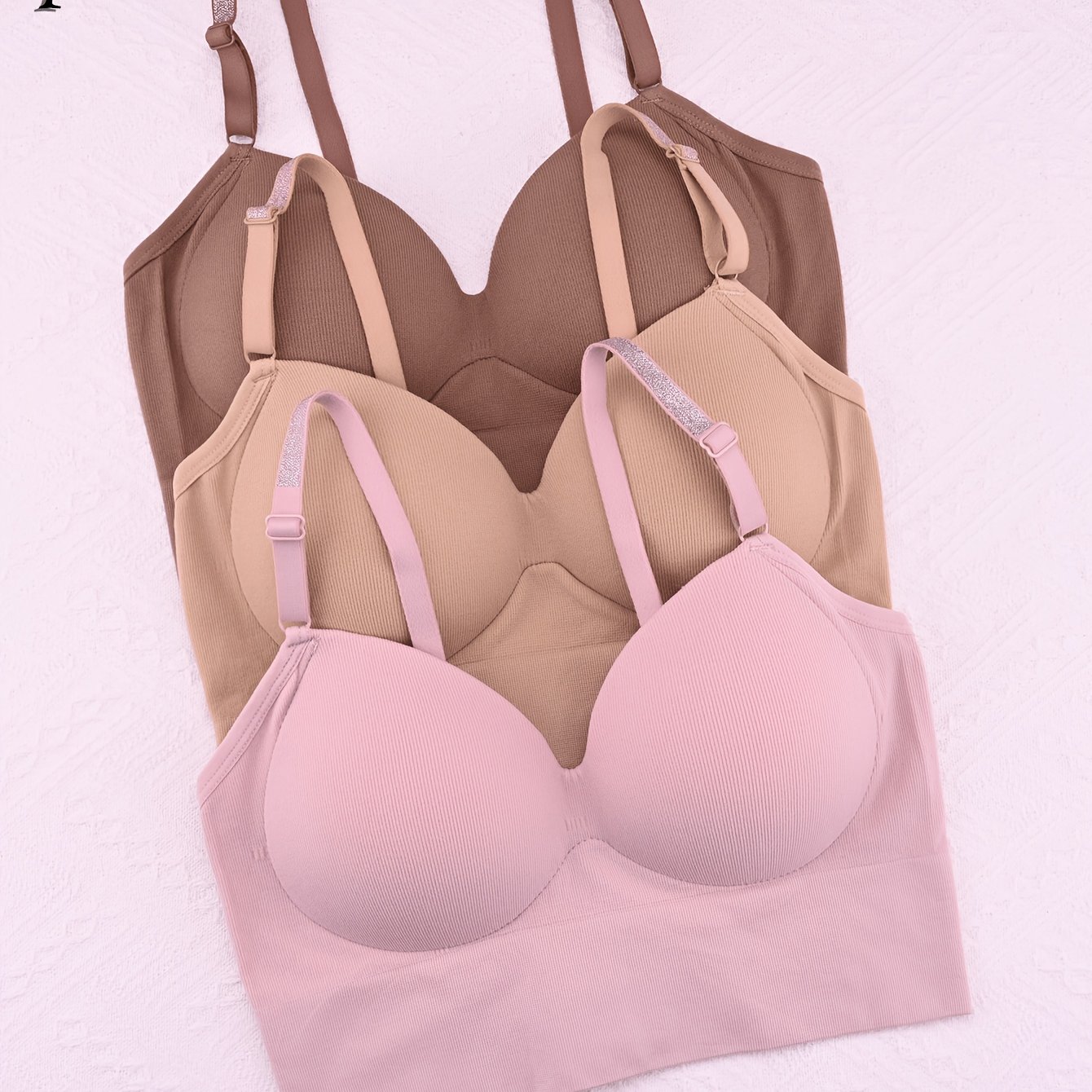 TEMU [1 Set Of 3pcs]seamless Sparkle Strap Bralette For Women, One-piece Push Up Wireless Bra, Comfortable Convertible Camisole For Everyday Wear