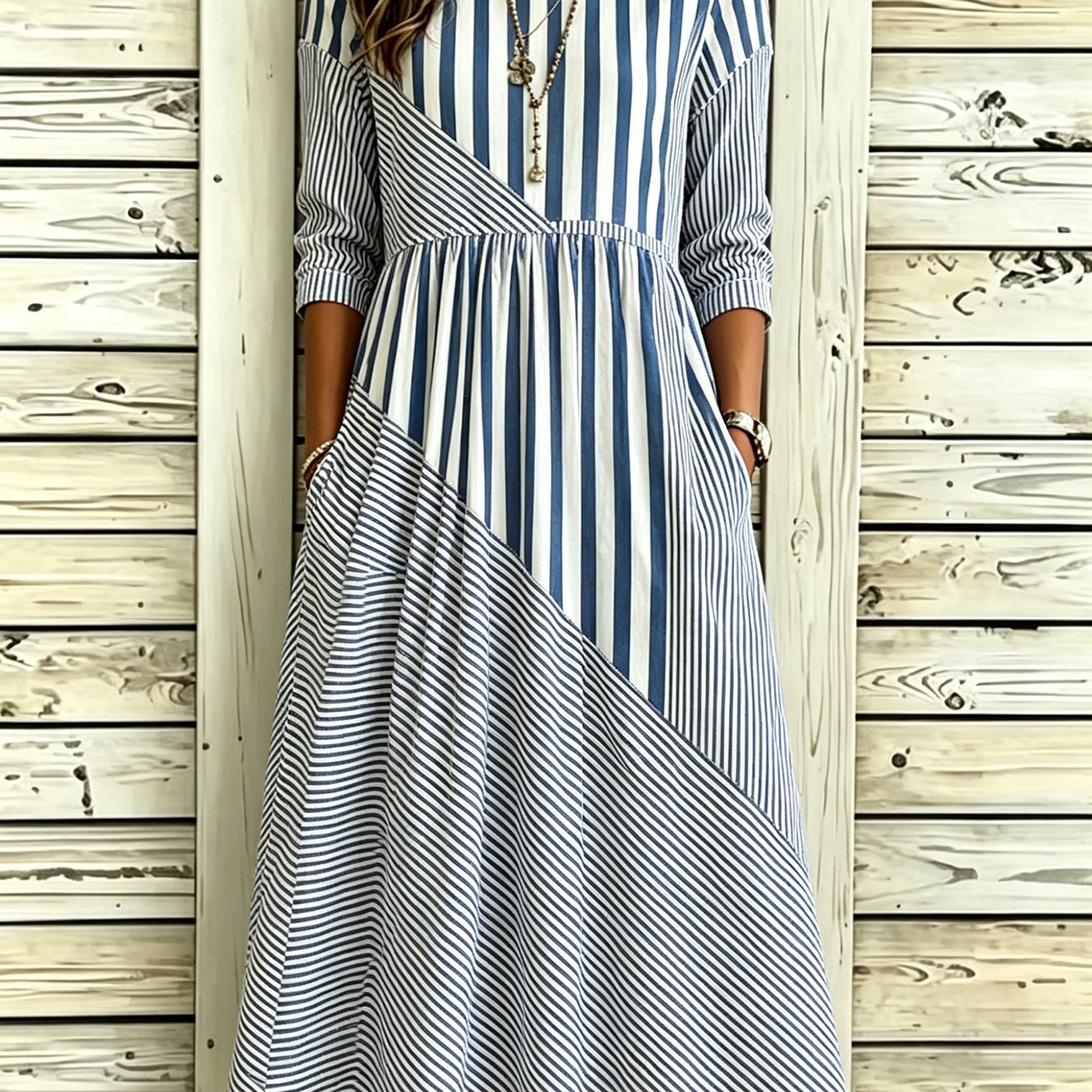Women's Casual 3/4 Sleeve Midi Dress With Polka Dots And Striped Prints, Round Neck A-line Dress With Pockets For Elegant Wear