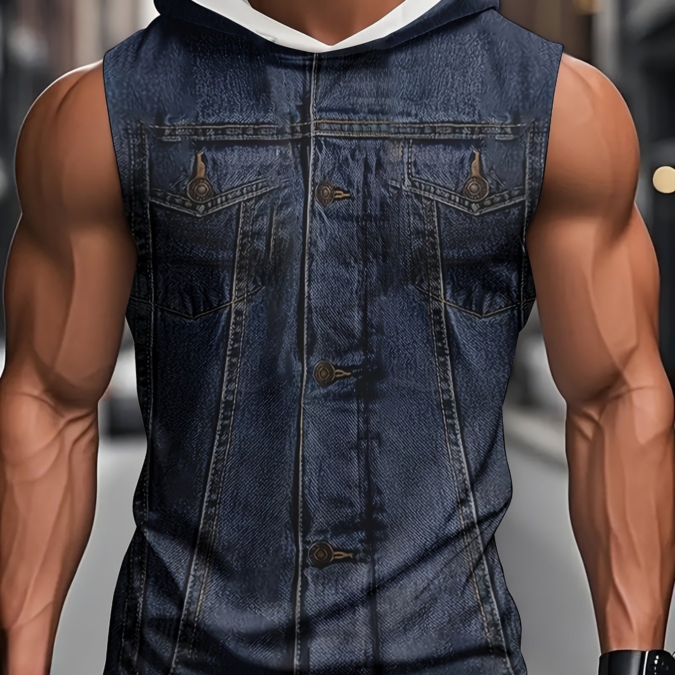 TEMU Men's 2025 Trendy 3d Print Hooded Vest - Black With White Mesh Design, Casual & Sporty Style, Breathable Summer Fabric, Regular Fit, Plus Size