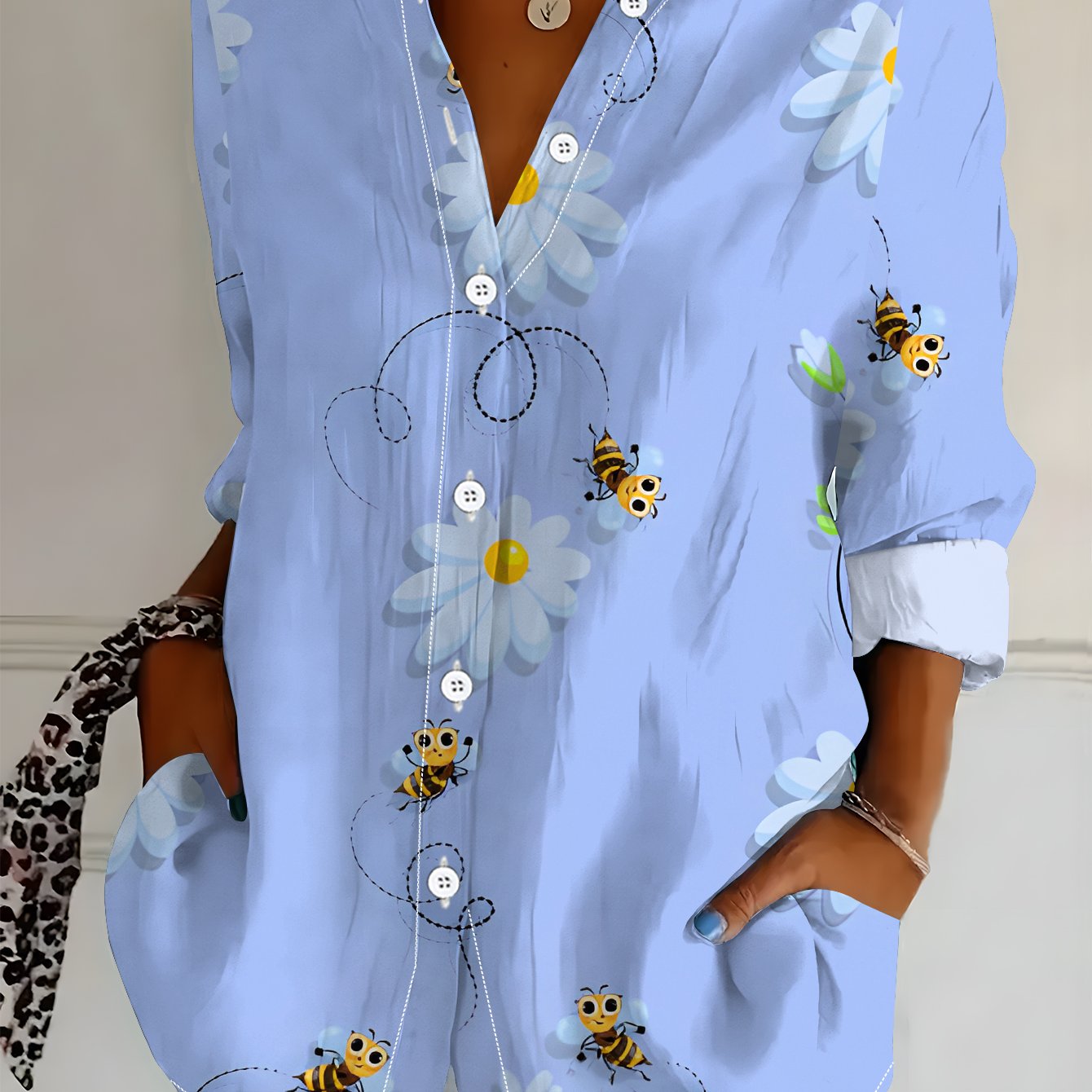 TEMU Plus Size, Plus Size Women's Long Sleeve Shirt With Small Daisy Print, Bee , Midi-length Casual Shirt In Light Blue Print, Soft, Comfortable,
