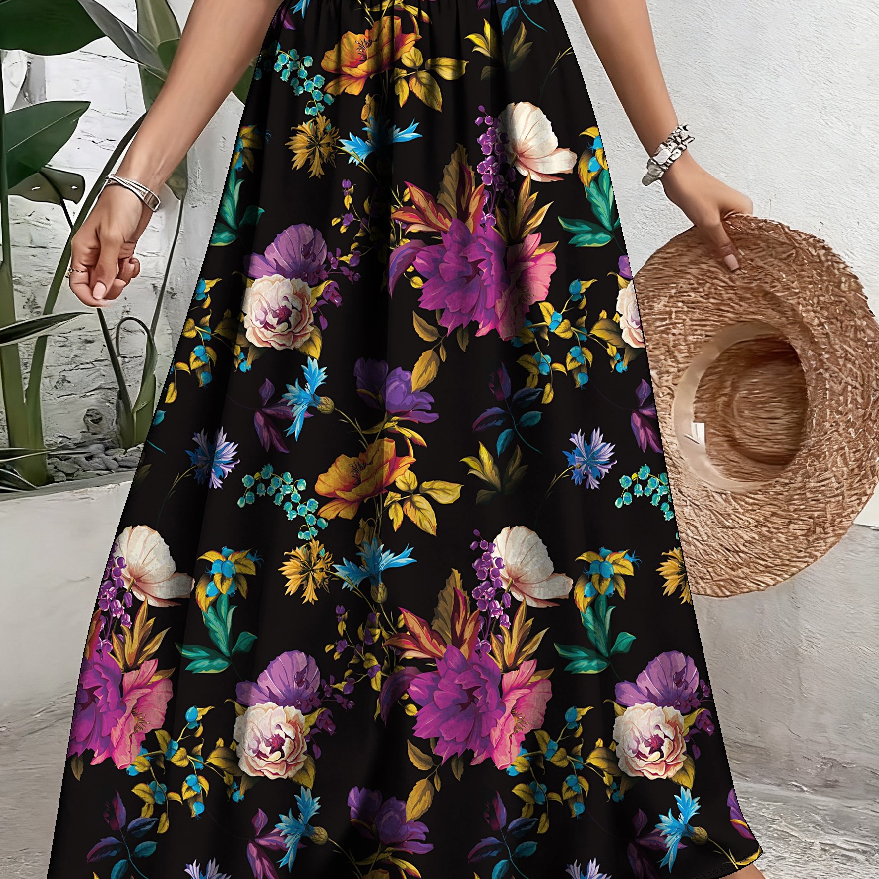 TEMU Plus Size, Elegant Floral Print Polyester Skirt - Casual A-line, Non-stretch Fabric, With Elastic Waistband And Hem, Machine Washable - Wear