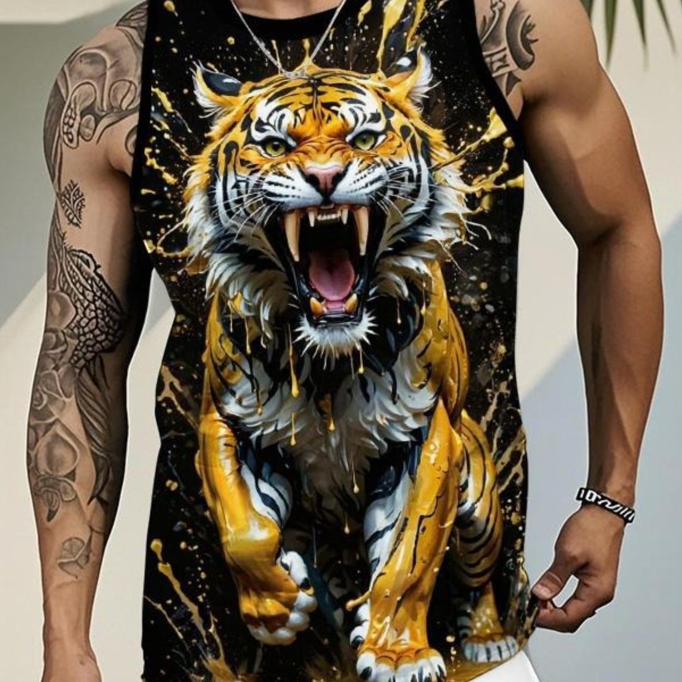 TEMU [print Design-not Textured] Men's Tiger Pattern Sleeveless Round Neck Casual Vest, Summer Tropical Streetwear Men's Clothing, Outdoor Casual