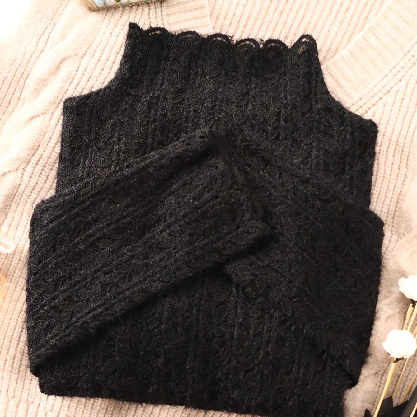 TEMU Plus Size, Women's Plus Size Half-turtleneck Brushed Lace Base Layer Top, New Autumn/winter Stylish -lined Inner Shirt, High-end Mesh Blouse