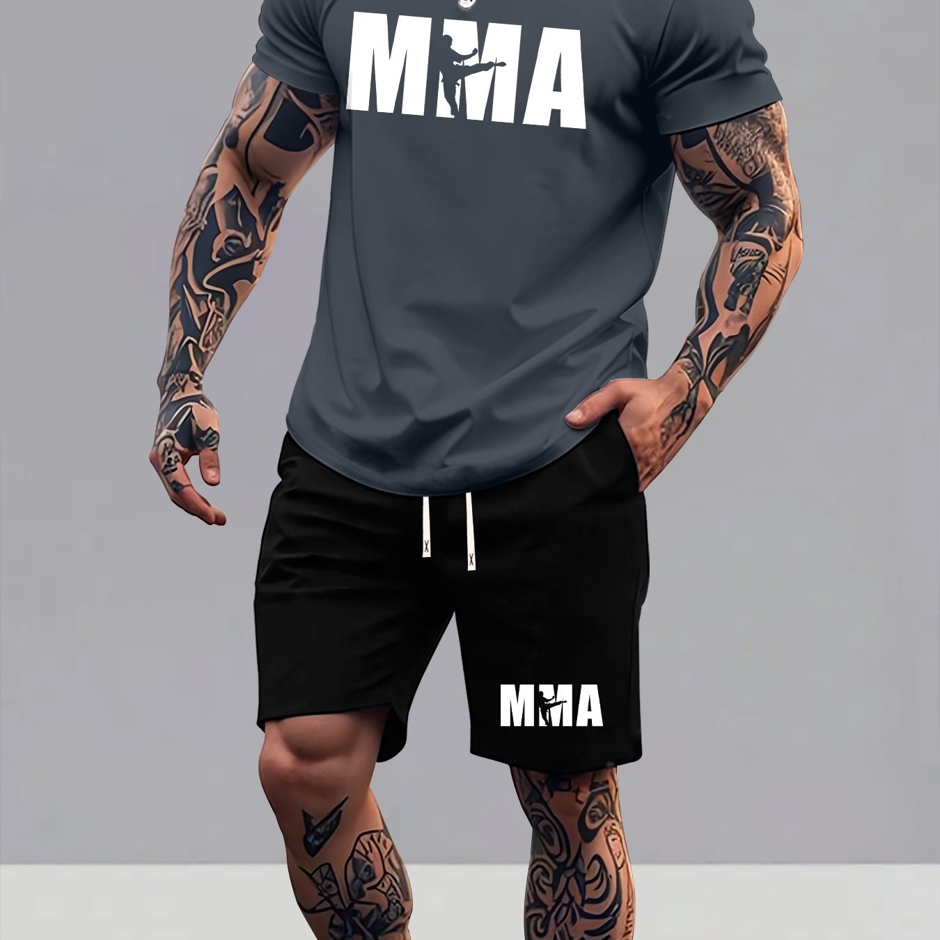 Men's Summer T-shirt Two-piece Set, Mma Graphic Element Men's Versatile Shorts Outfit, Casual Short-sleeve Top Trendy Sportswear