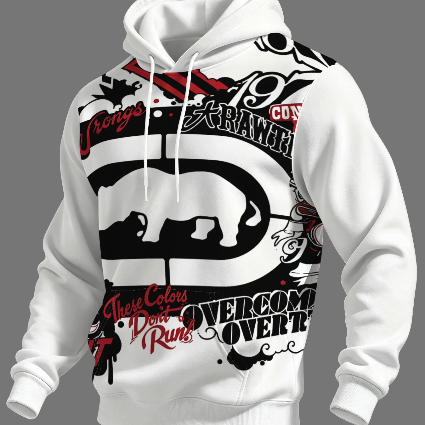 TEMU Hooded Sweatshirt With Black And Red Street Graffiti Print Pattern, Fashionable Style, Durable And Wear-resistant, Suitable For Men's Clothing