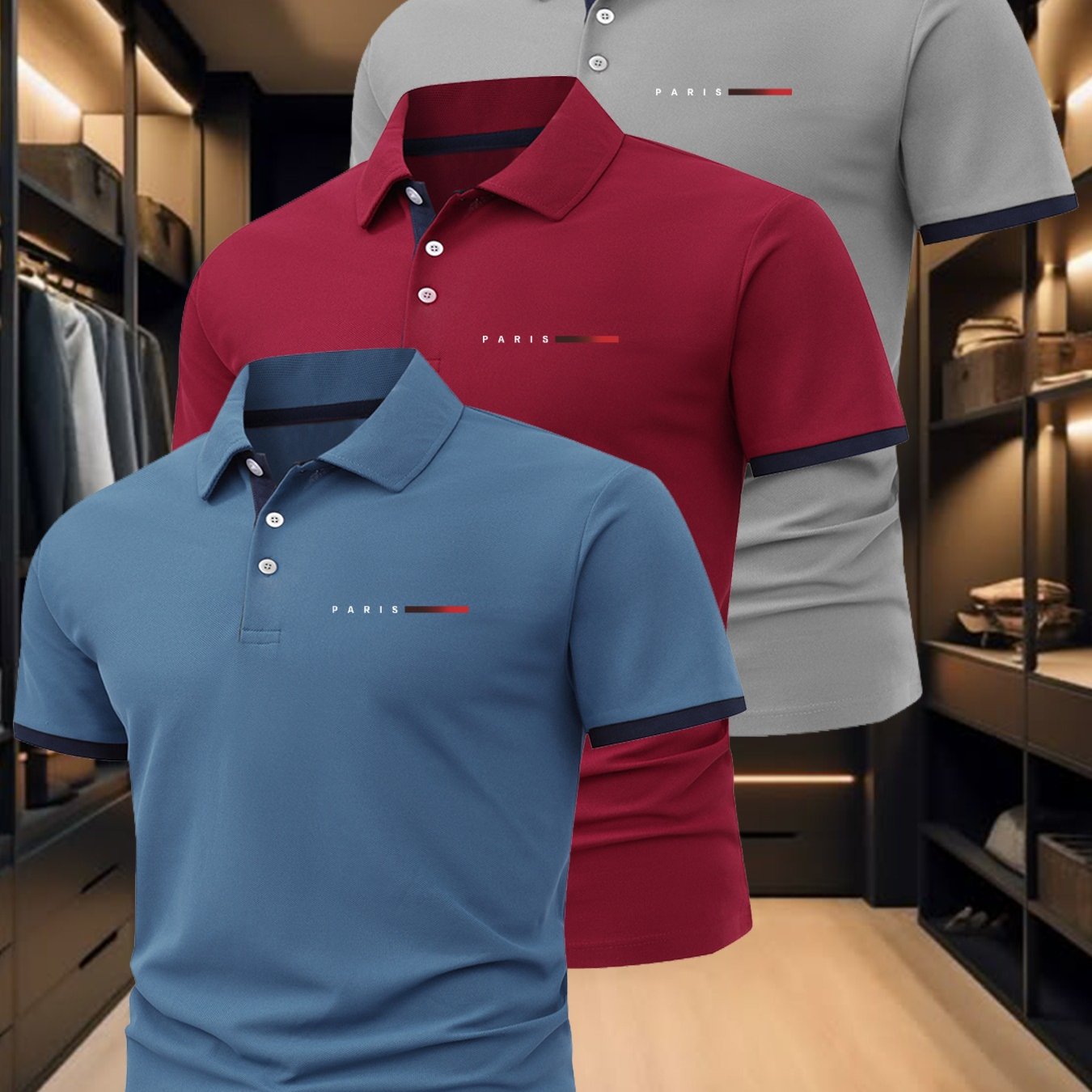 TEMU Fb759 Style Paris Print 3pcs Men's Shirt, Fashionable Business Casual With A Comfortable Summer Breathable Short-sleeve Collar, Perfect Gift