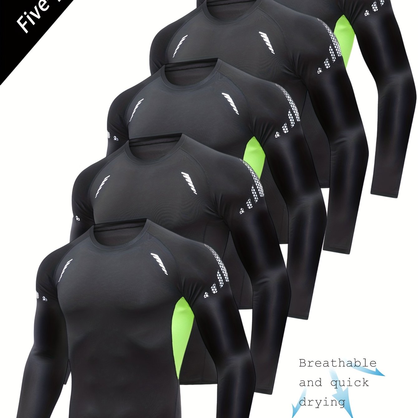 TEMU 5-Pack Camisetas Deportivas de Larga para Hombre - Elasticidad, Transpirables, Resistentes al Desgarro con Verde Fluorescente para Senderismo,