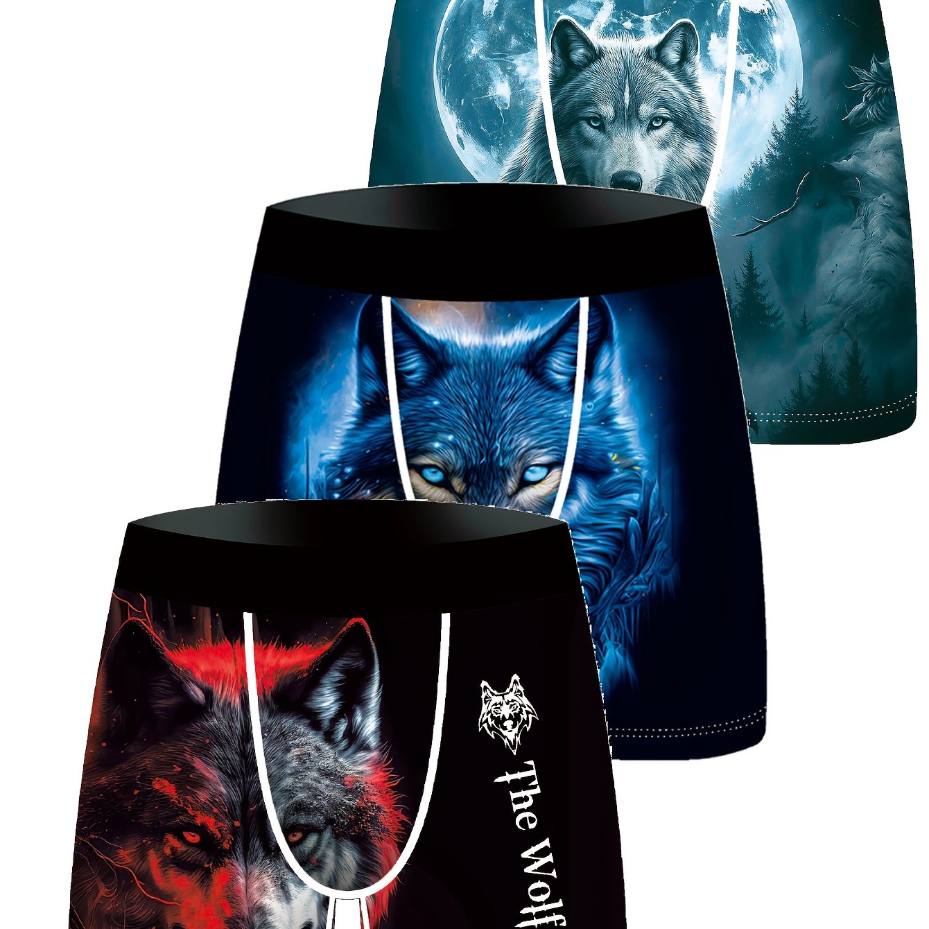 TEMU Lot de 3 sous-vêtements pour homme avec impression numérique dessin animé loup , boxers-culottes décontractés, boxers-shorts extensibles