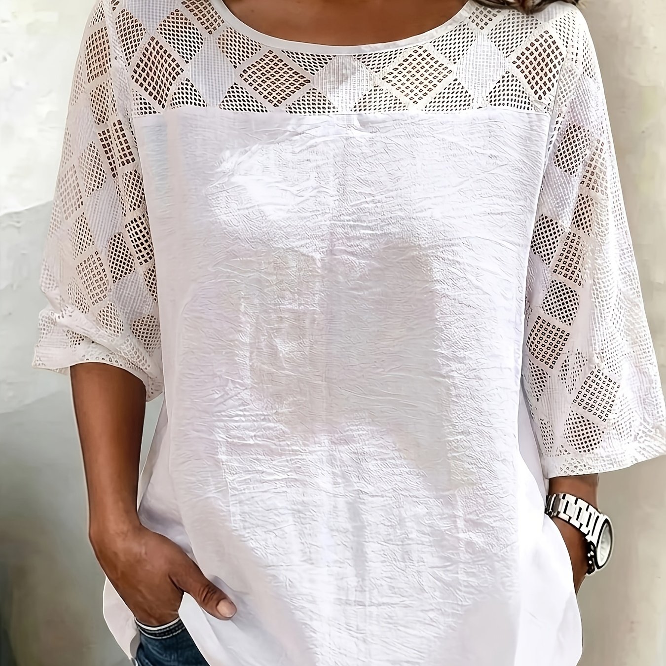 TEMU Plus Size, Plus Size Fashion Women's Elegant Round Neck Hollow-out Lace Three-quarter Sleeve Solid Color Loose Fit Comfortable Bohemian Vacation
