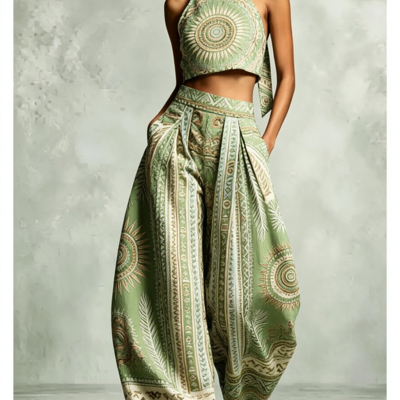 Image of New Bohemian Summer Women's Halter Top And Wide-leg Bloomers Set. Elegant And , Perfect For Dates, Dinner Parties, Casual Parties, Daily Commutes, And As A Gift For Any Festival. Machine Washable