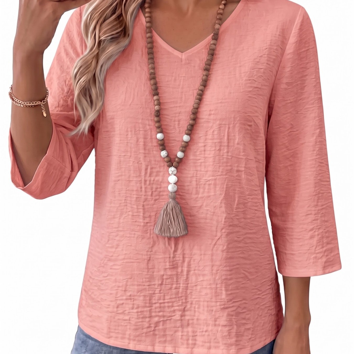 TEMU Solid Color Three-quarter Sleeve V-neck Women's Loose And Comfortable Top With Texture Fabric