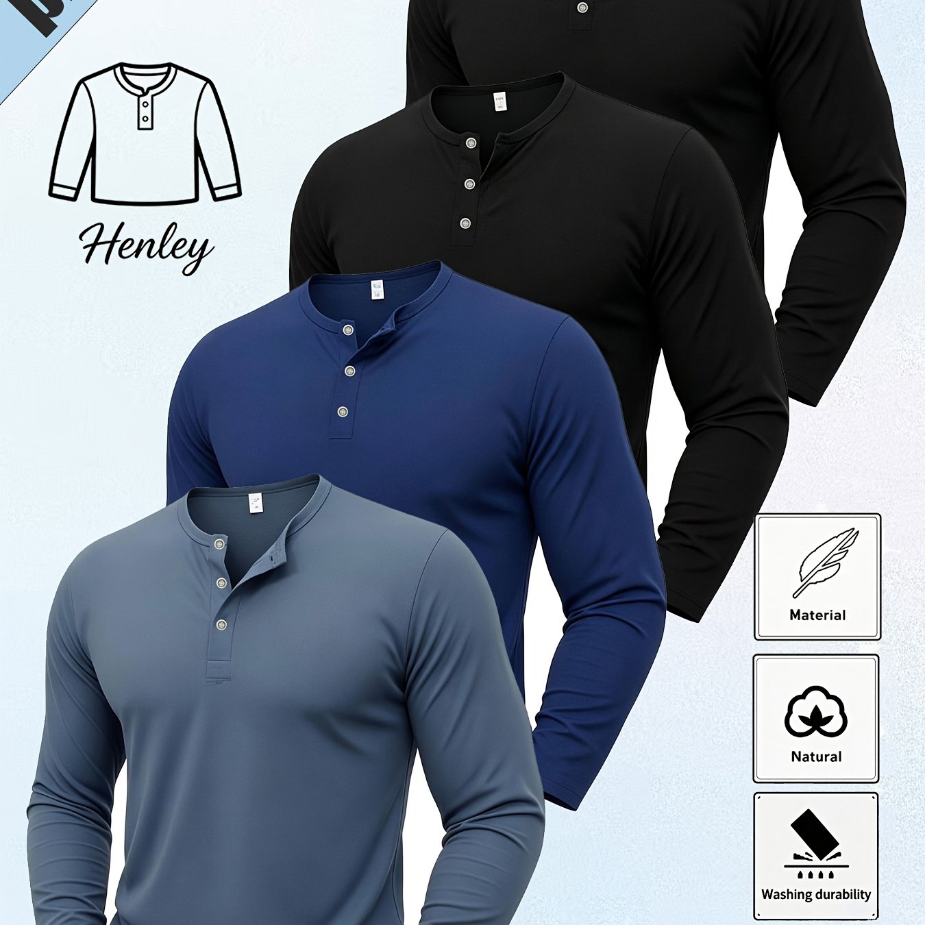 TEMU 4pcs Set Of Men' Color Henley Long-sleeve T-shirts, Classic Three-button Collar Design, Slim Fit, Basic Tops, Soft Natural Breathable Fabric,