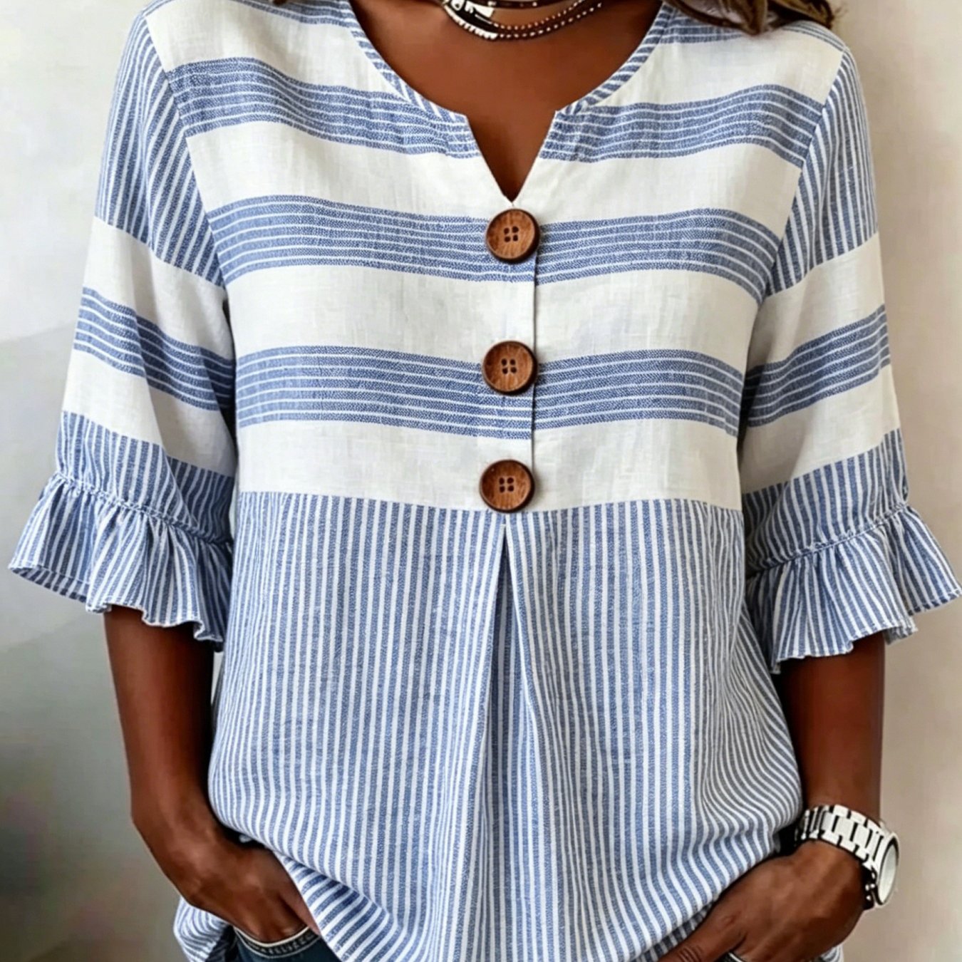 TEMU Women's Striped Print V-neck Blouse, Casual 3/4 Ruffle Sleeve Loose Fit Button Detail Tunic Top, Lightweight Summer Shirt