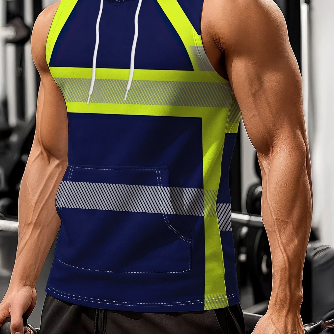 Image of Men's Navy Neon Yellow Striped Sleeveless Hoodie Vest, Casual Sporty All-match Sleeveless Hooded Top With Pattern Gym Workout And Daily Streetwear, Plus Size