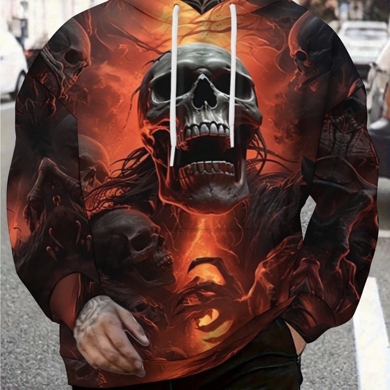 Image of Men's Hooded Sweatshirt Featuring A Trendy 3d Graphic Design With A Screaming Skull And A Flaming Backdrop, Complemented By Multiple Skulls And Skeleton Hands, Perfect For Style In And Winter