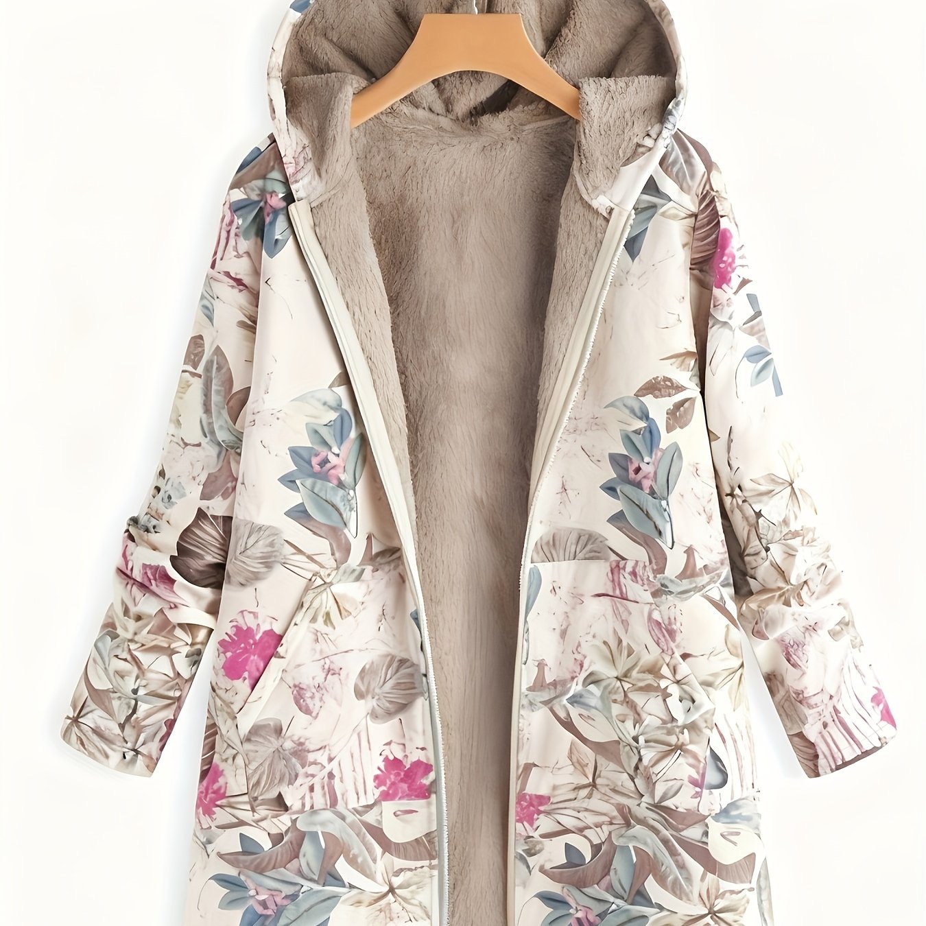 TEMU Autumn Winter New Women's Mid-length Hooded Fleece Pocket Coat Retro Floral Warm Casual Commuter Zipper Printed Coat